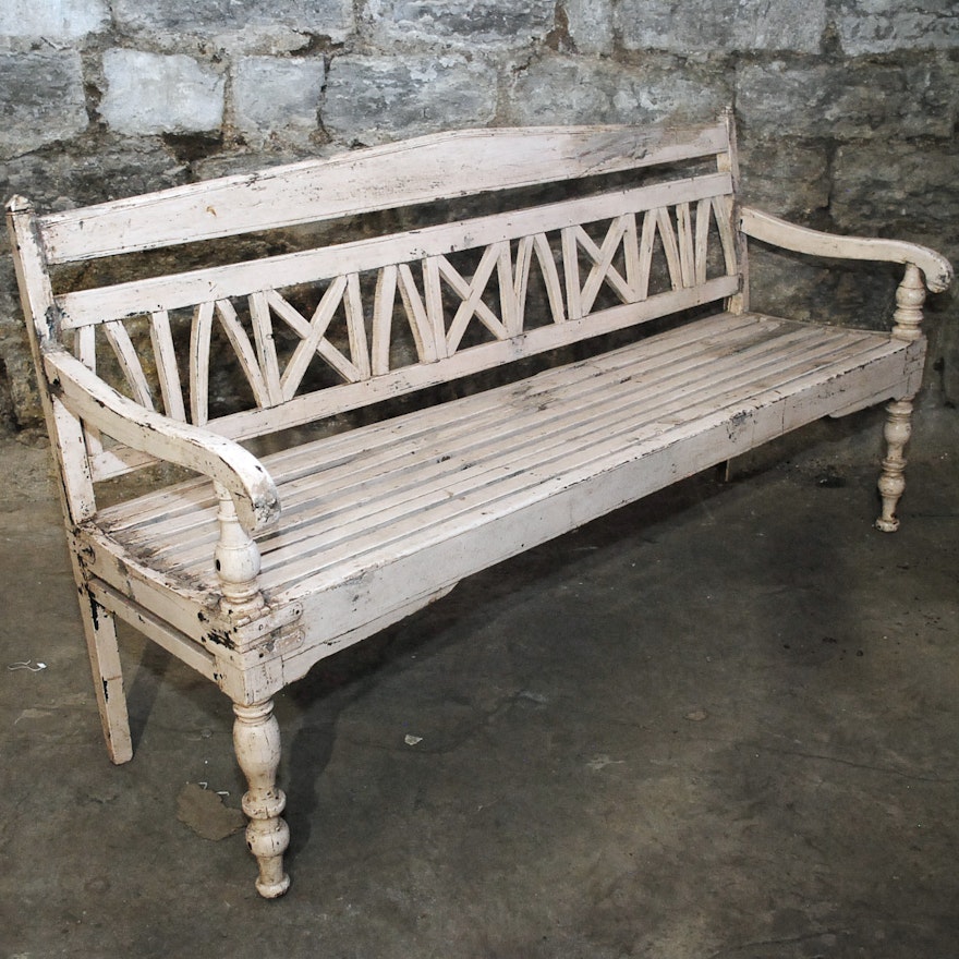 Distressed Vintage White Wooden Bench