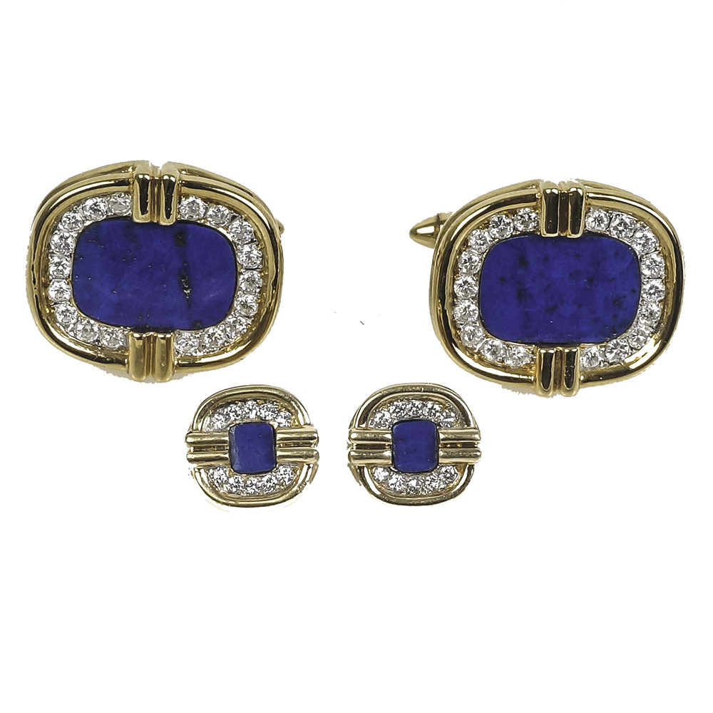 18K Yellow Gold, Lapis Lazuli and Diamond Cufflinks and Studs Set