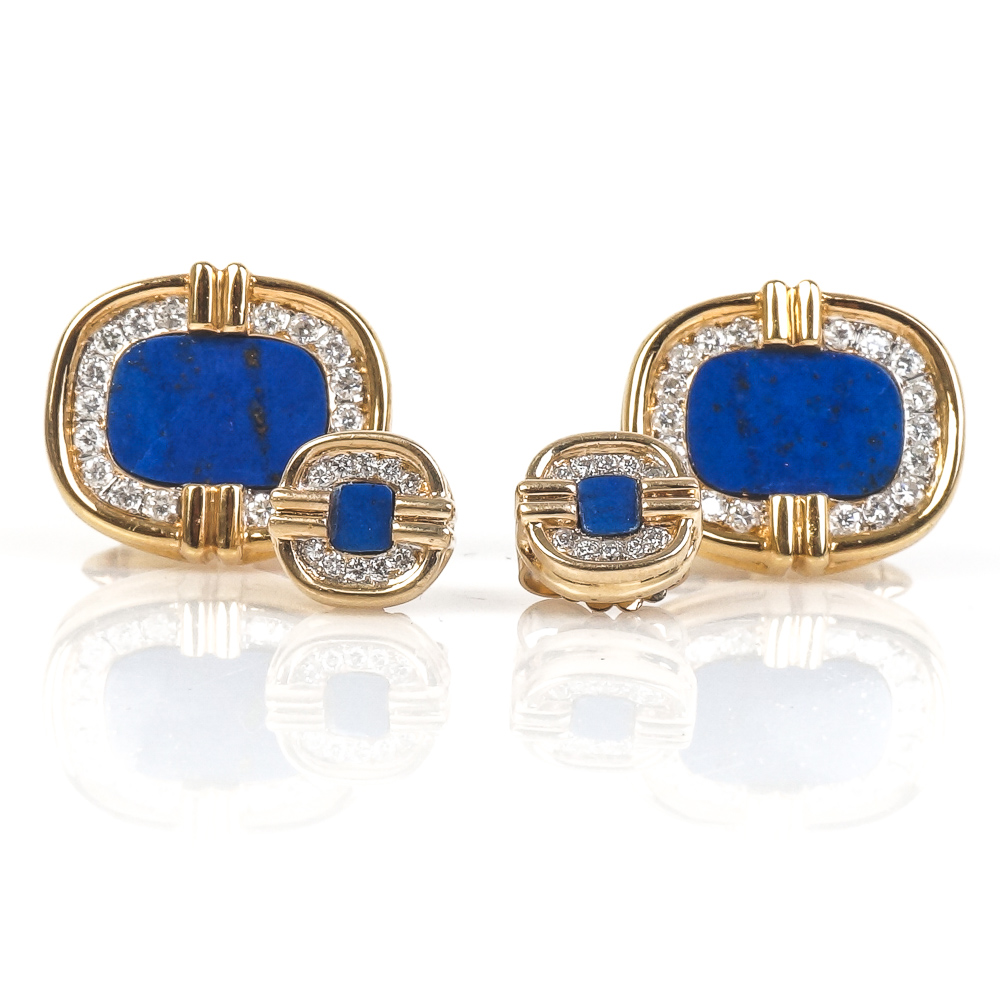 18K Yellow Gold, Lapis Lazuli and Diamond Cufflinks and Studs Set