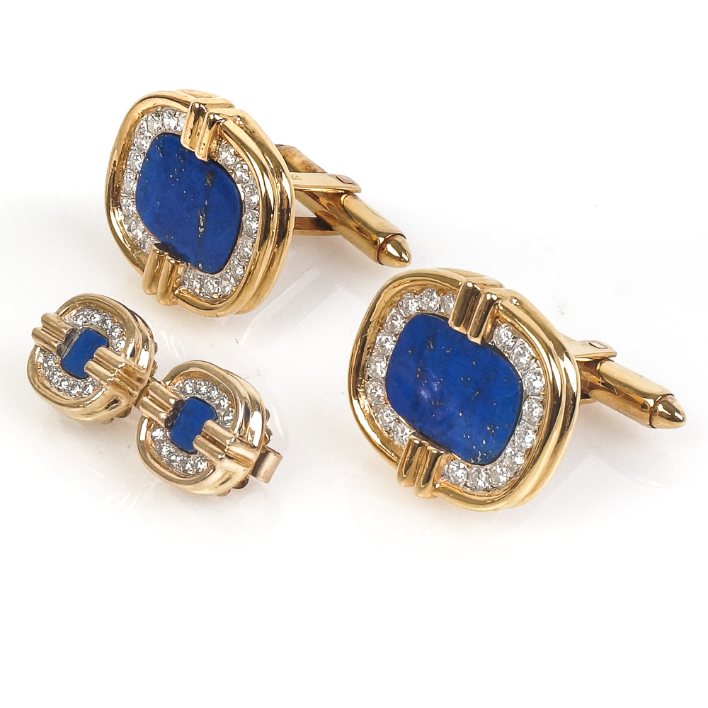 18K Yellow Gold, Lapis Lazuli and Diamond Cufflinks and Studs Set