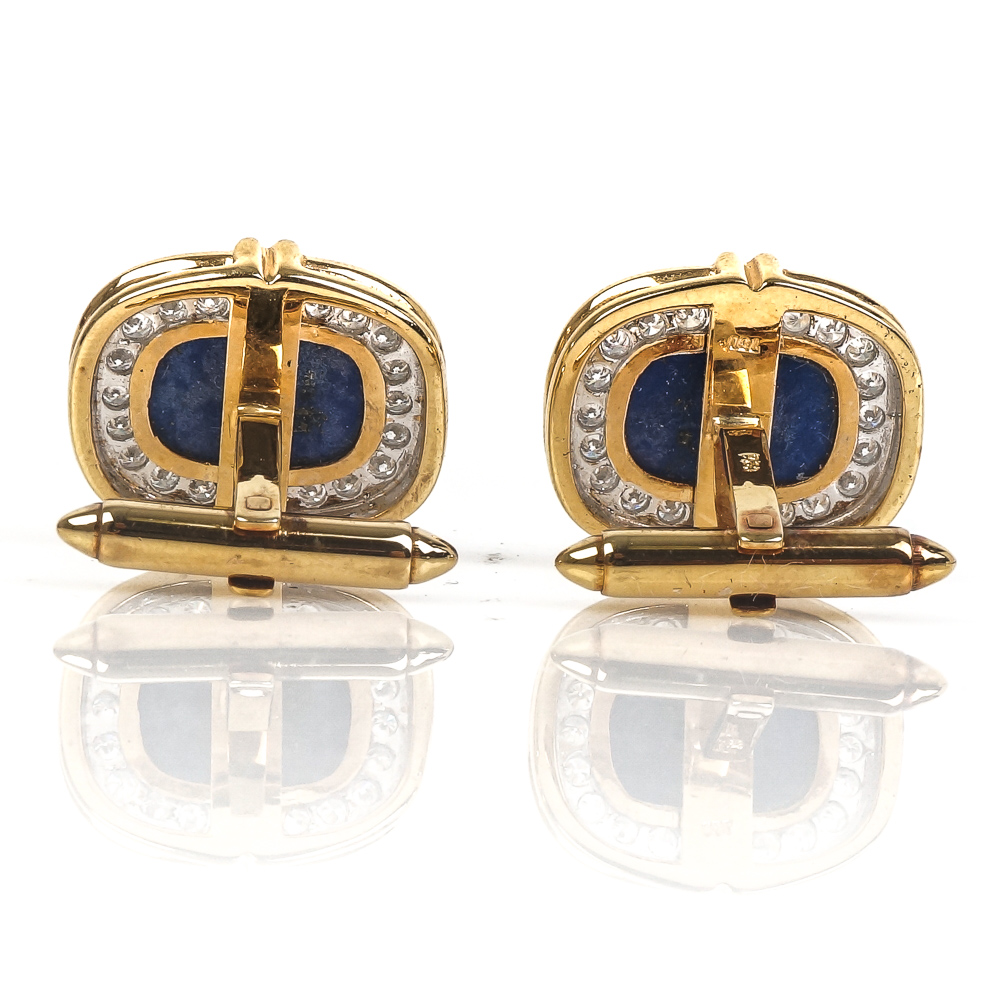 18K Yellow Gold, Lapis Lazuli and Diamond Cufflinks and Studs Set