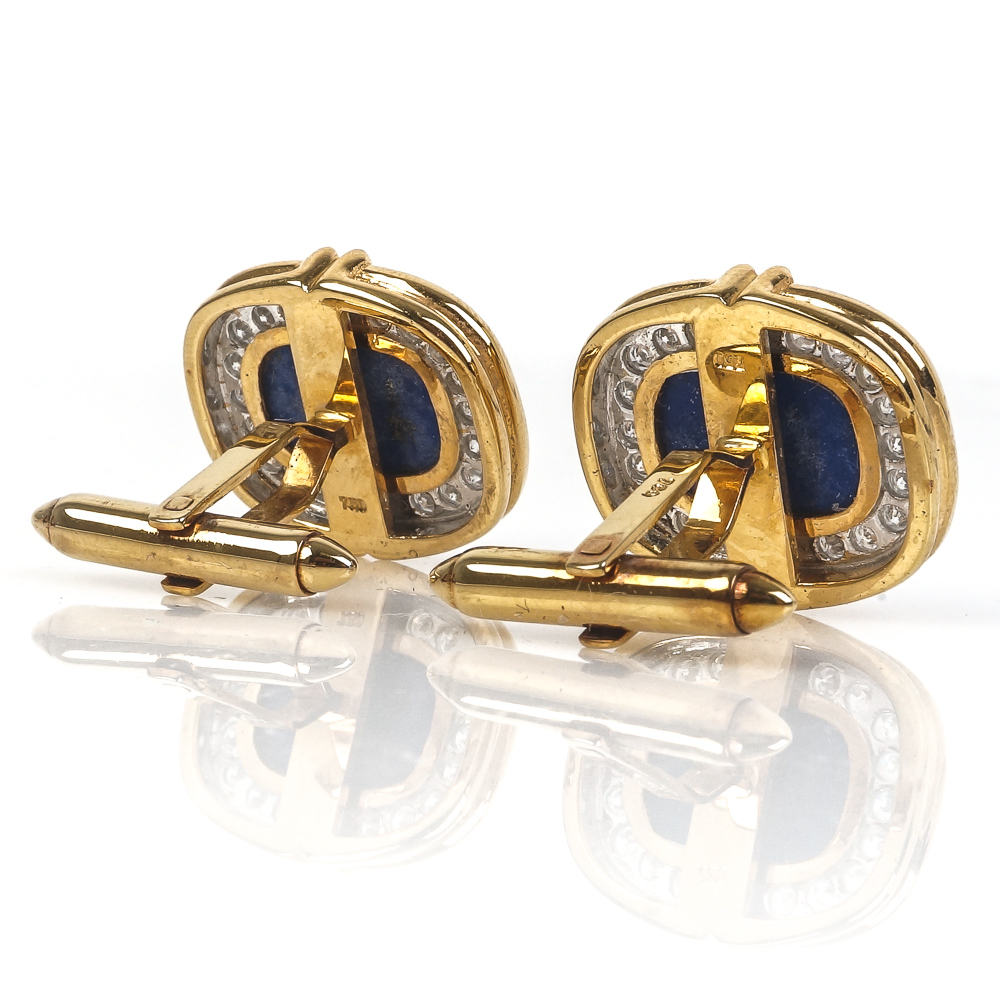 18K Yellow Gold, Lapis Lazuli and Diamond Cufflinks and Studs Set