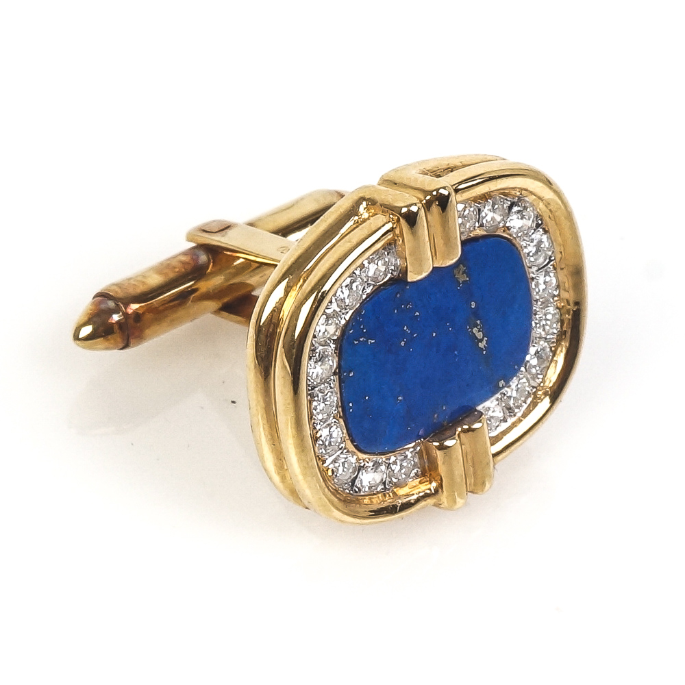 18K Yellow Gold, Lapis Lazuli and Diamond Cufflinks and Studs Set