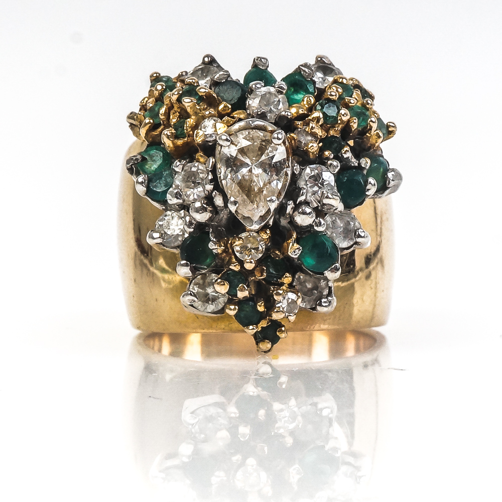 14K Yellow Gold, Diamond, Emerald, and Green Chrysoprase Cluster Ring