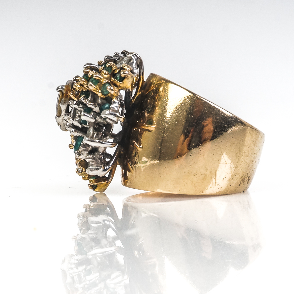 14K Yellow Gold, Diamond, Emerald, and Green Chrysoprase Cluster Ring