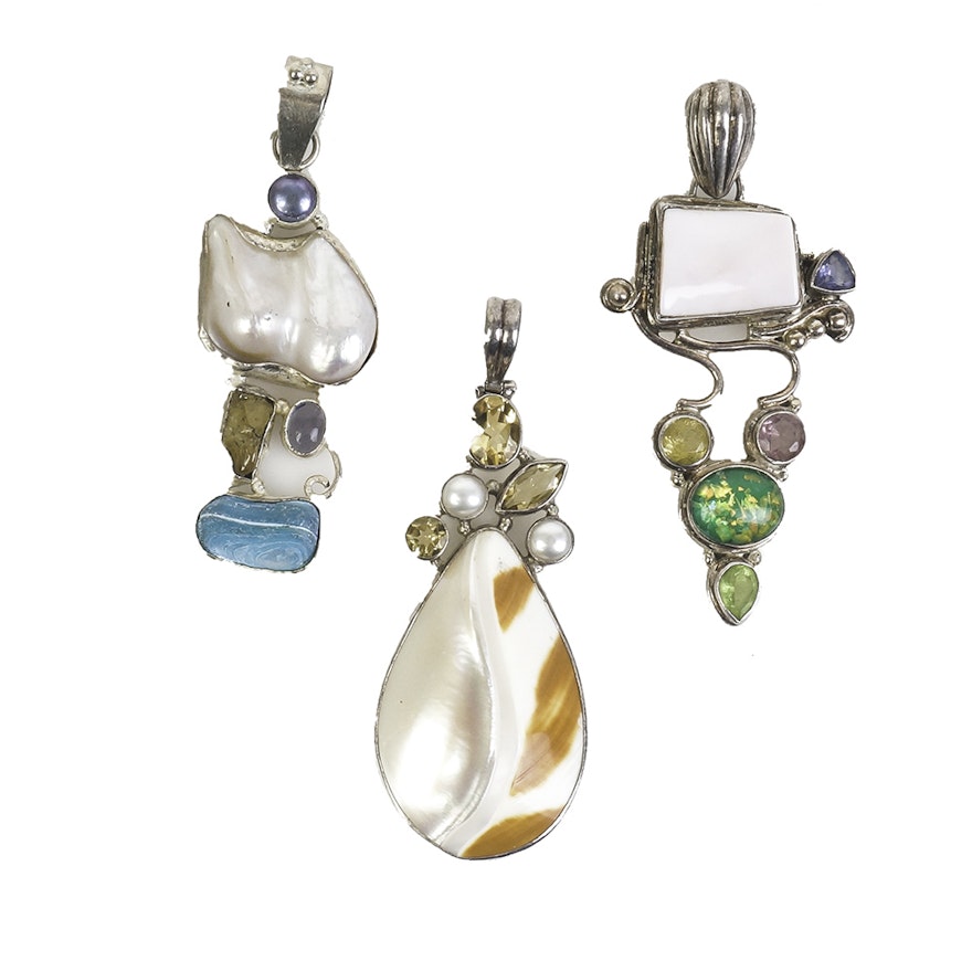 Collection of Sterling Silver and Multi-Stone Drop Pendants