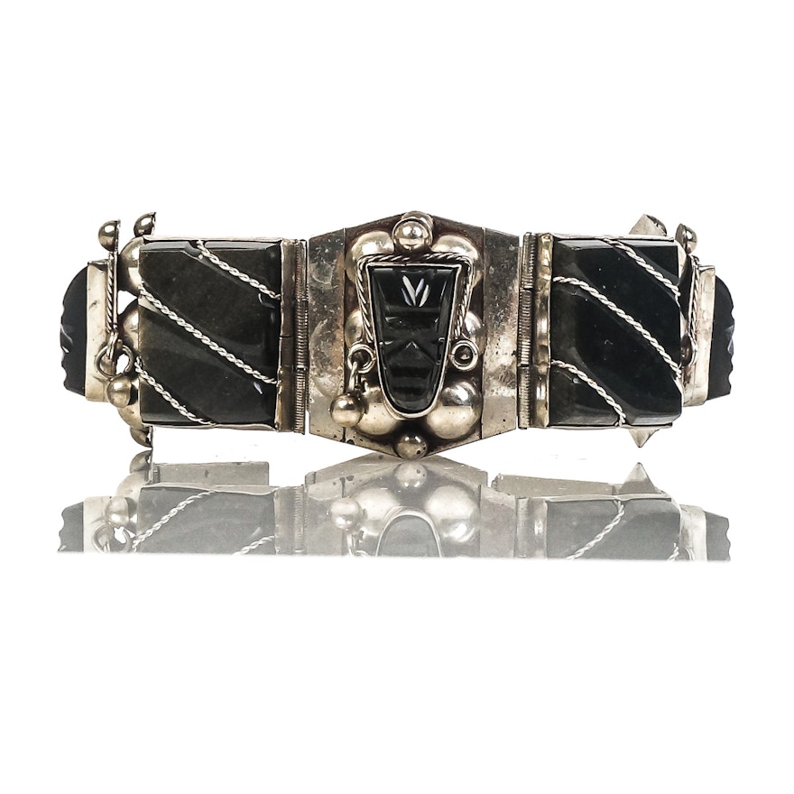 Vintage Taxco Sterling Silver and Sheen Obsidian Mesoamerican Panel Bracelet