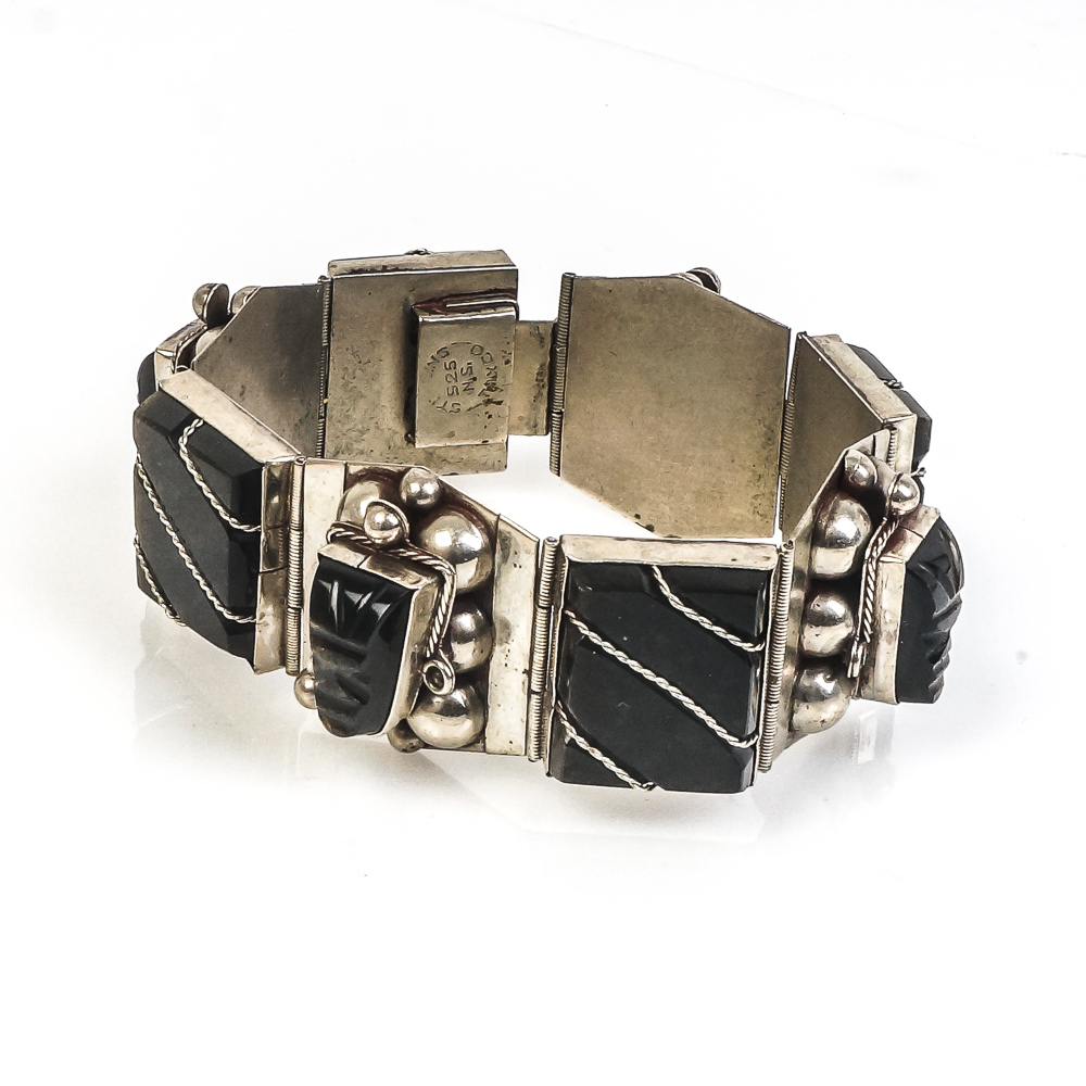 Vintage Taxco Sterling Silver and Sheen Obsidian Mesoamerican Panel Bracelet