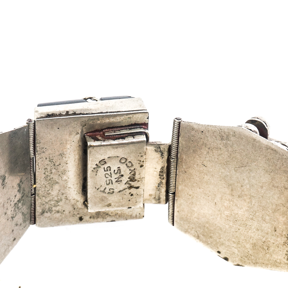 Vintage Taxco Sterling Silver and Sheen Obsidian Mesoamerican Panel Bracelet