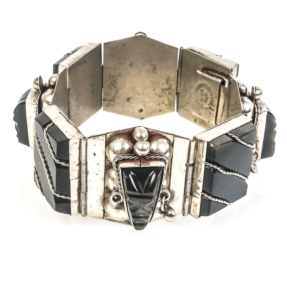 Vintage Taxco Sterling Silver and Sheen Obsidian Mesoamerican Panel Bracelet