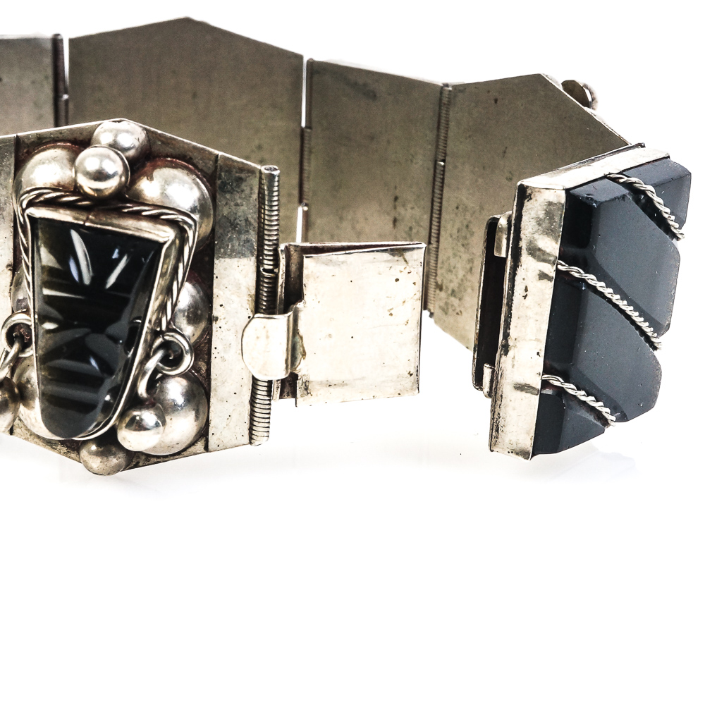 Vintage Taxco Sterling Silver and Sheen Obsidian Mesoamerican Panel Bracelet