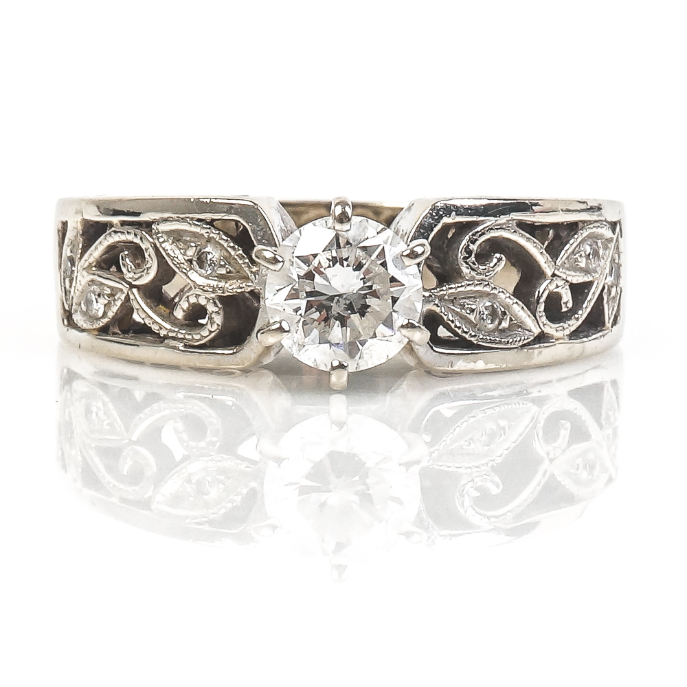 14K White Gold and Diamond Cathedral Engagement Ring