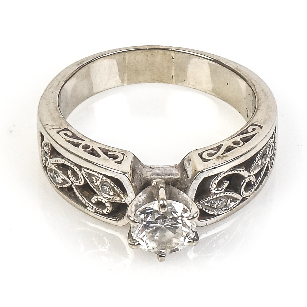 14K White Gold and Diamond Cathedral Engagement Ring