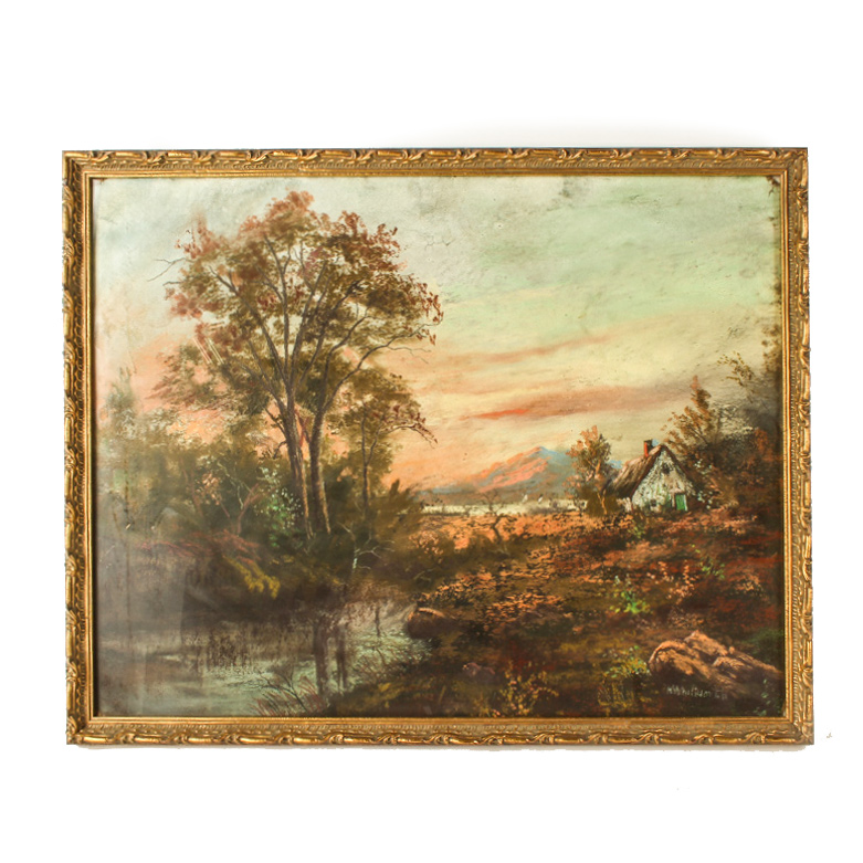 Vintage Mixed Media Painting on Canvas of Lake Cottage at Sunset