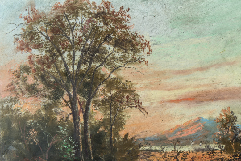 Vintage Mixed Media Painting on Canvas of Lake Cottage at Sunset