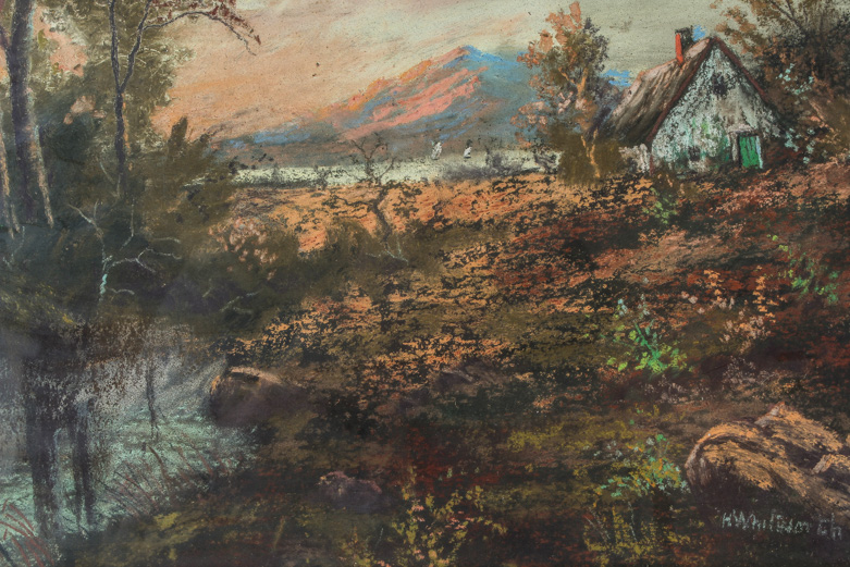 Vintage Mixed Media Painting on Canvas of Lake Cottage at Sunset