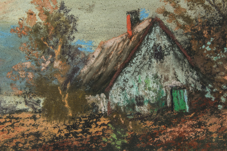 Vintage Mixed Media Painting on Canvas of Lake Cottage at Sunset