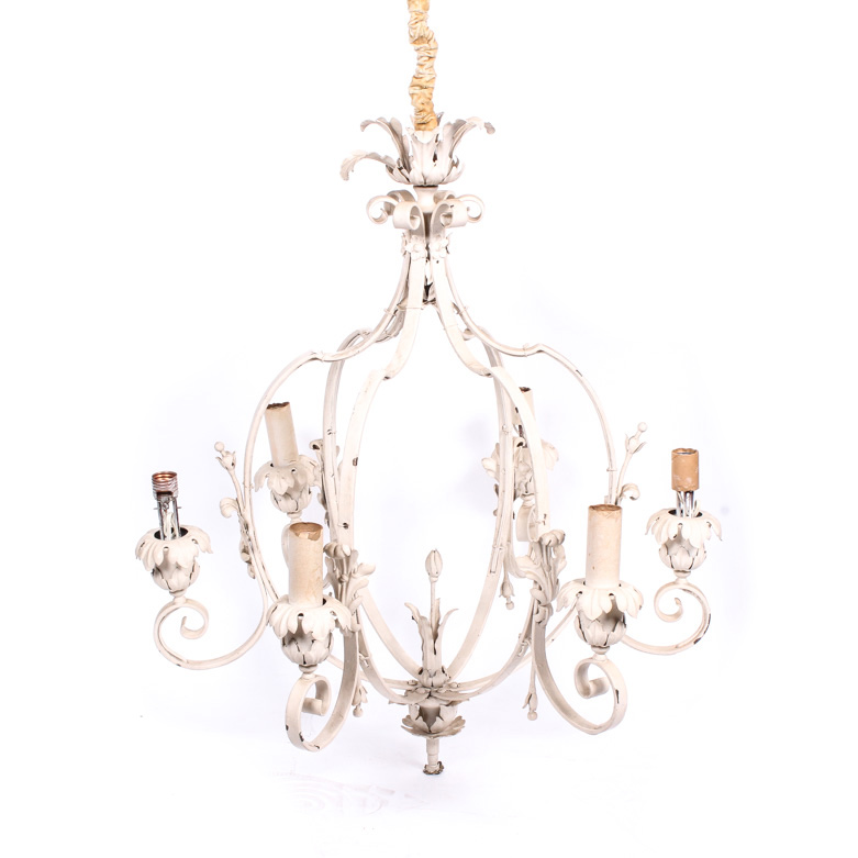 Vintage White Chandelier with Leaf Scroll Detail
