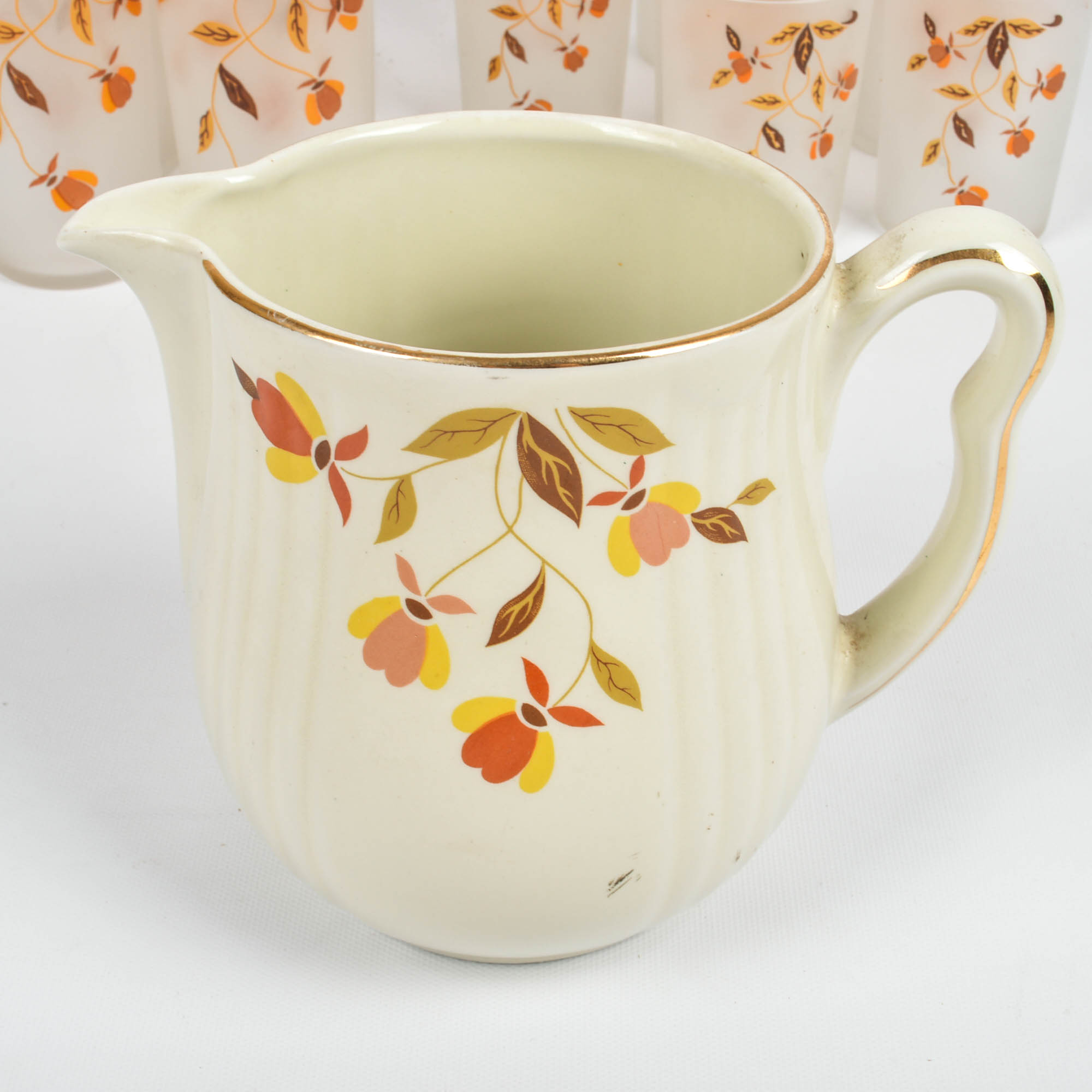 Hall's "Autumn Leaf" Rayed Pitcher and Libbey Glasses