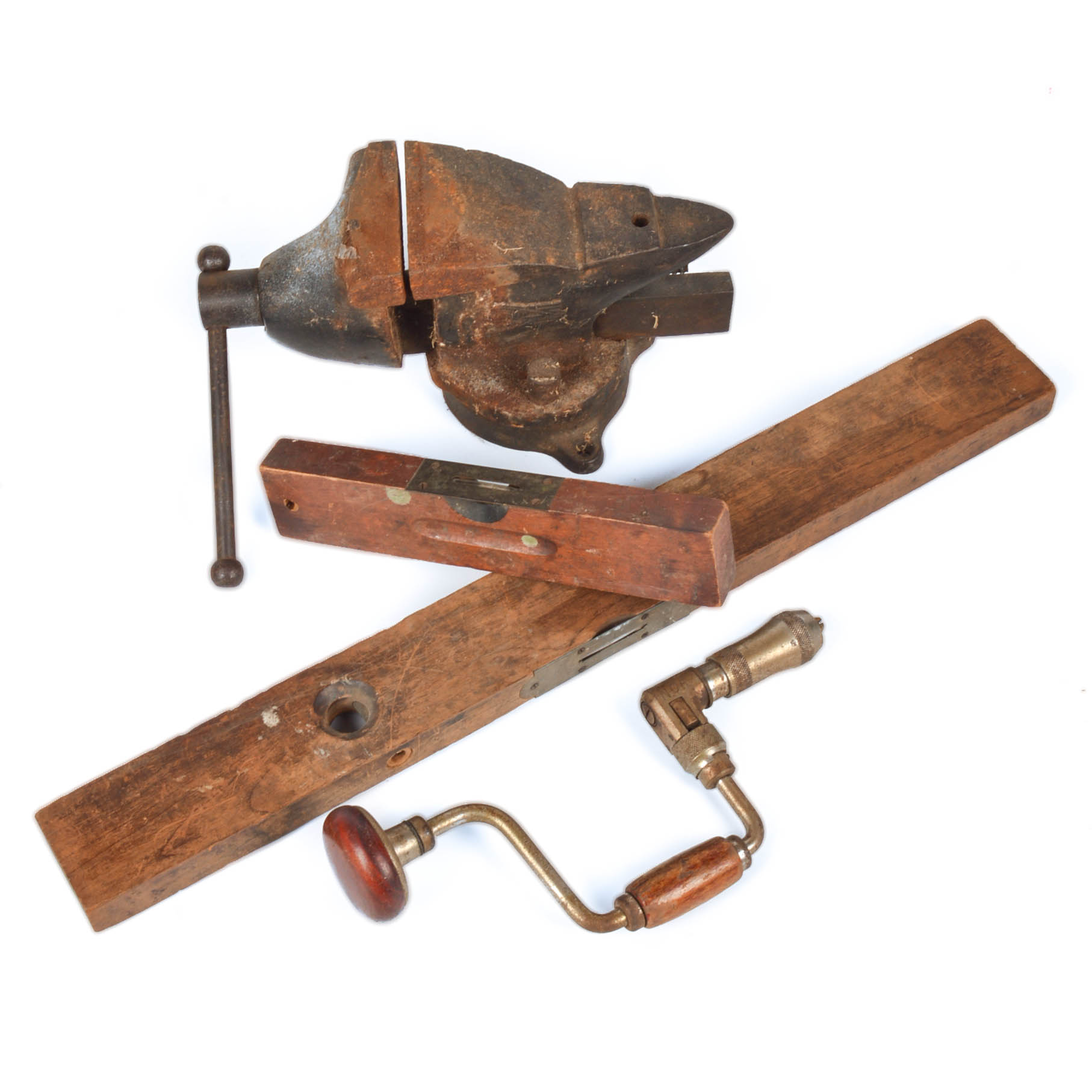 Vintage Bench Vise, Levels and Hand Drill