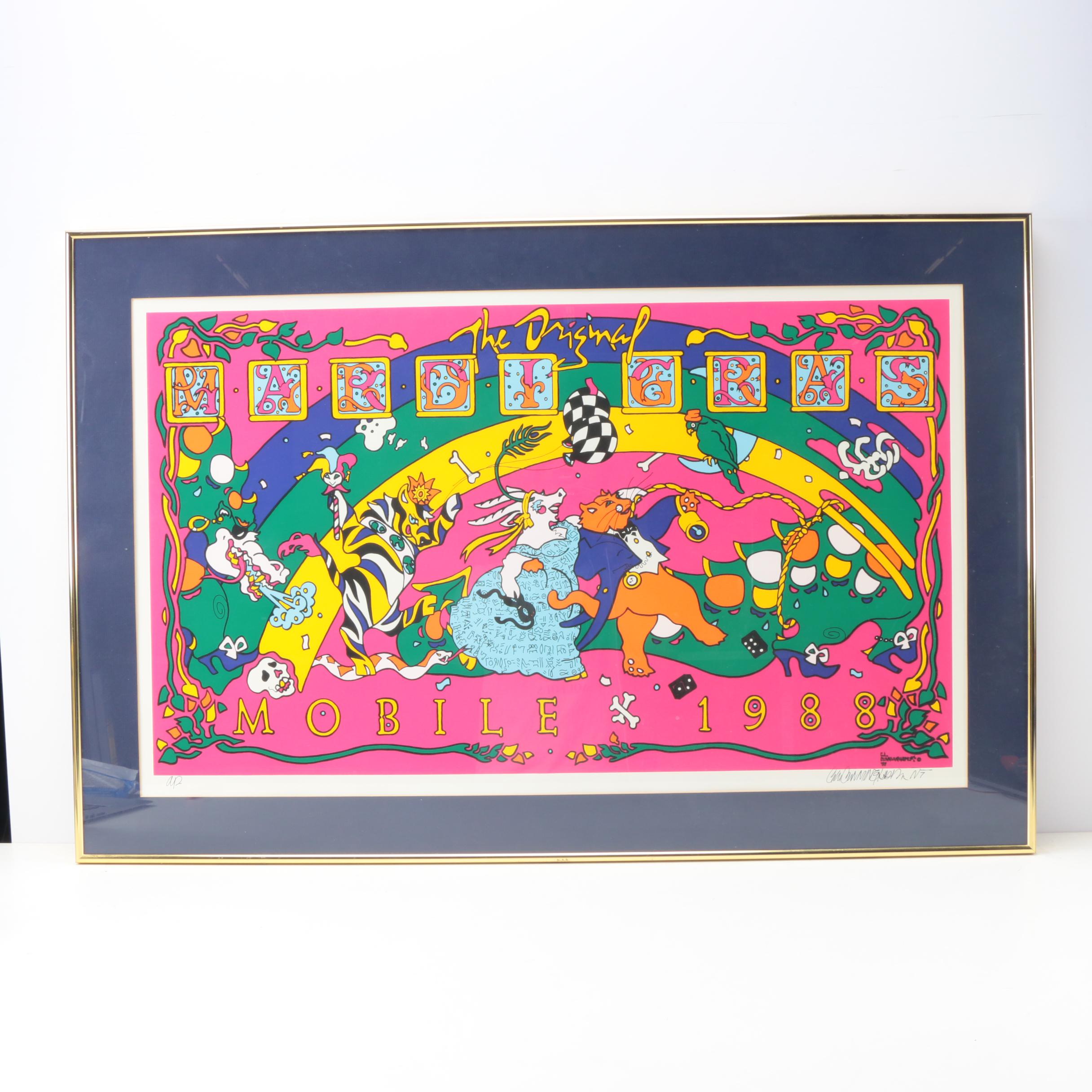 C.L. Cunningham Signed Serigraph "The Original Mardi Gras Mobile 1988"
