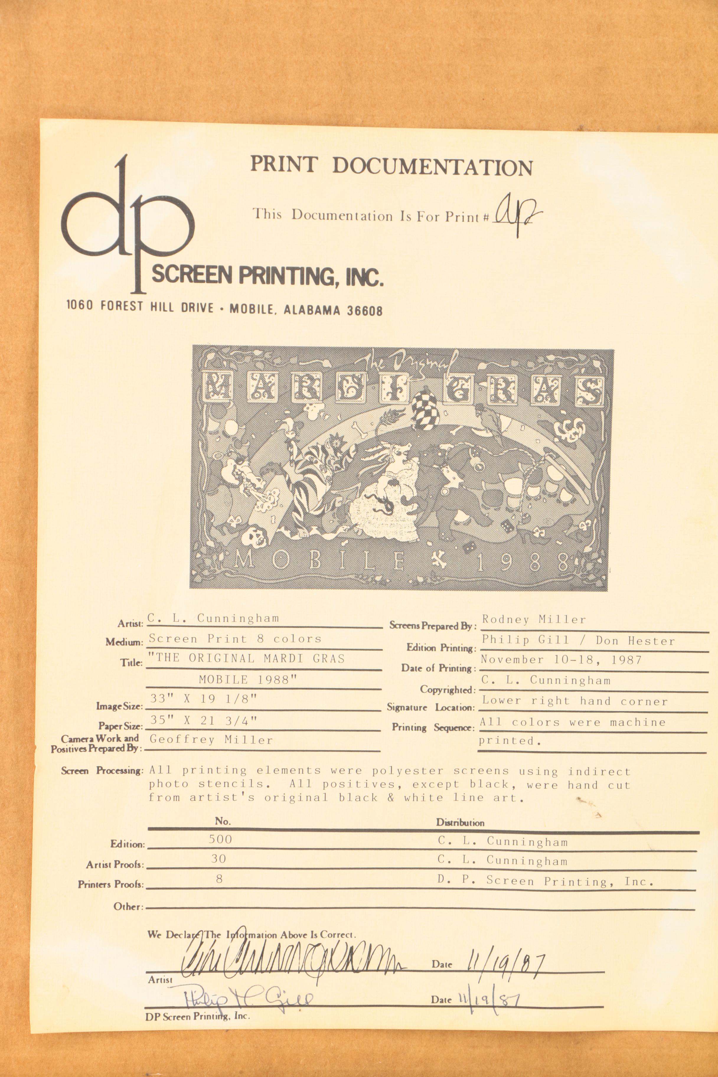 C.L. Cunningham Signed Serigraph "The Original Mardi Gras Mobile 1988"