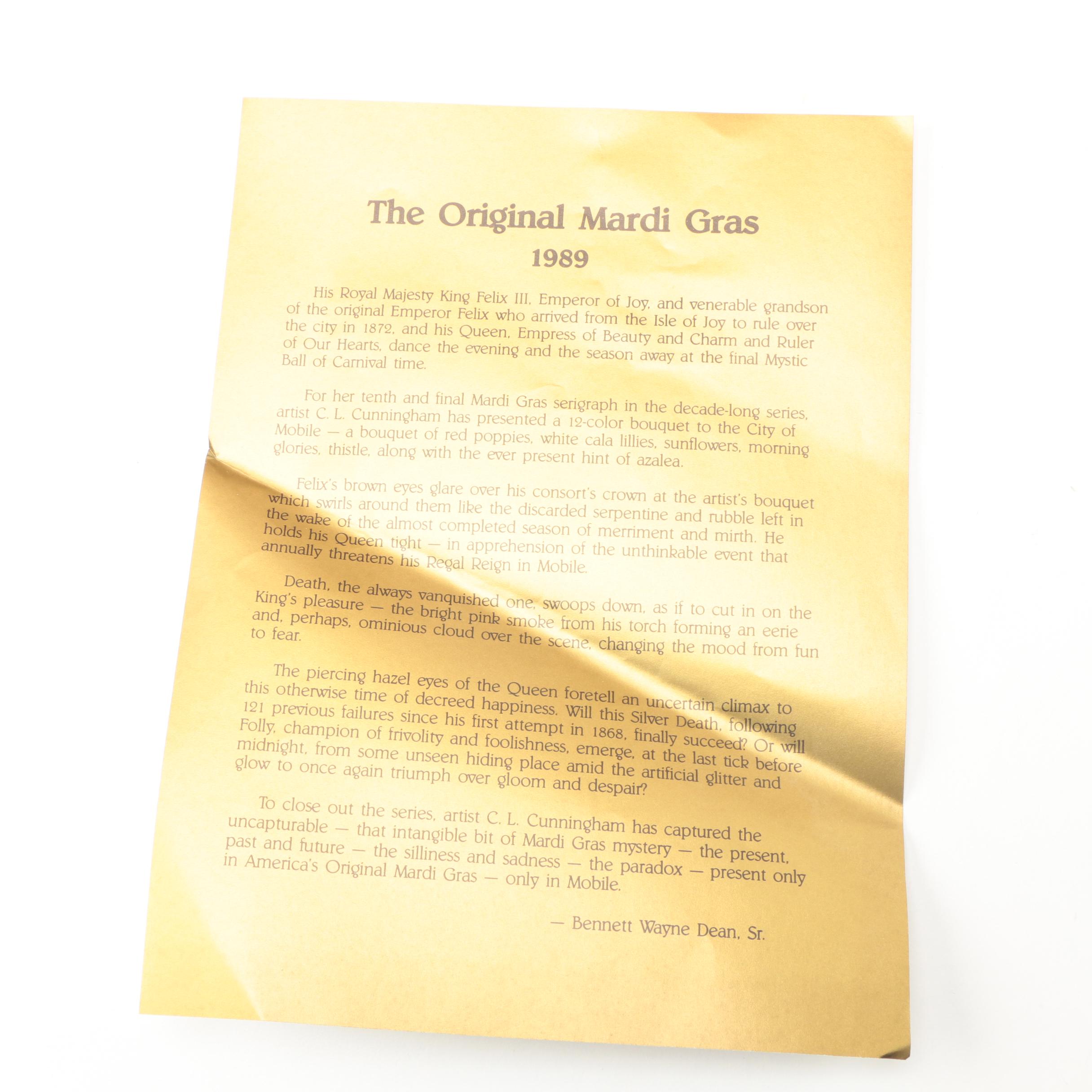 C.L. Cunningham Signed Serigraph on Paper "The Original Mardi Gras Mobile 1989"