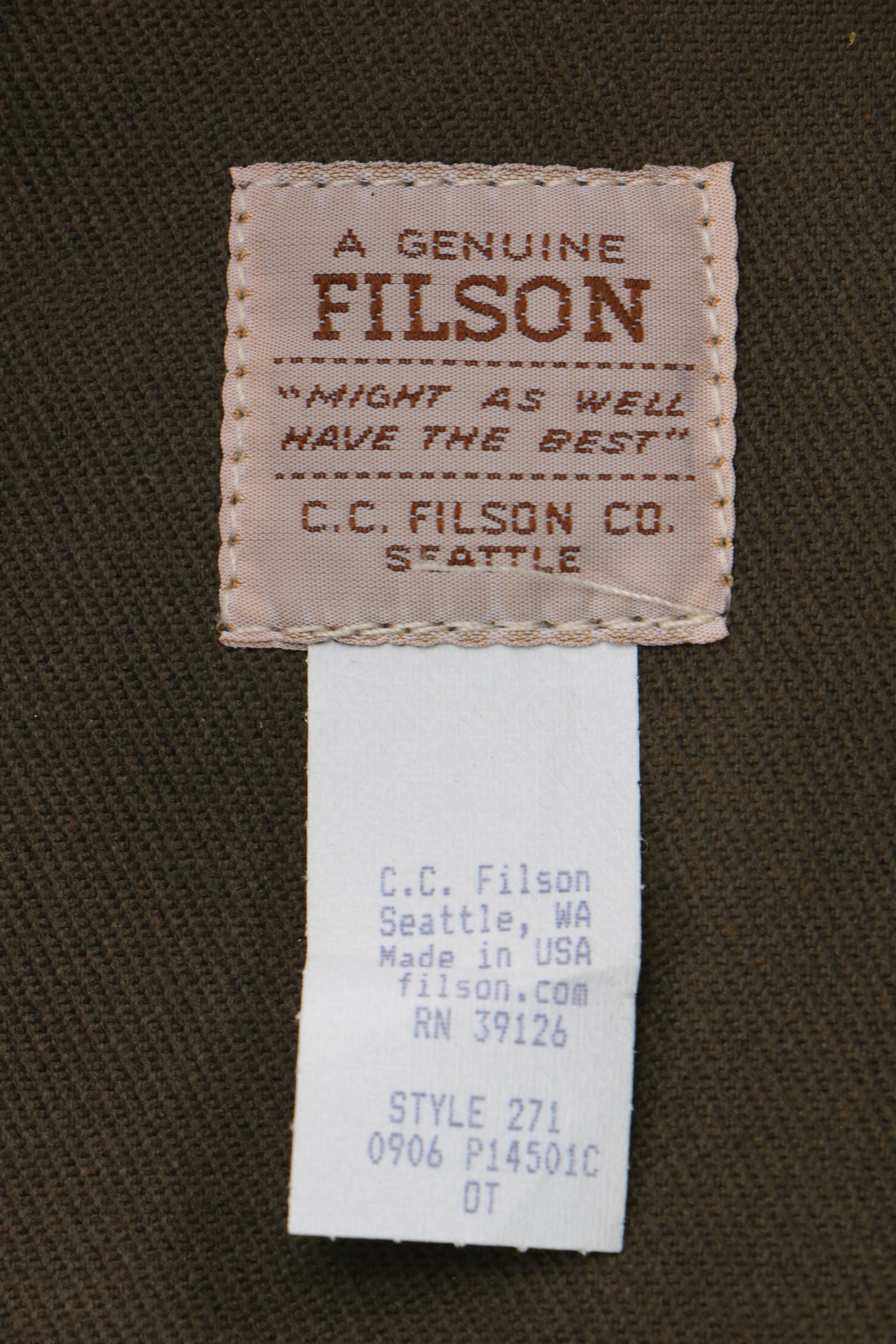 C.C. Filson Co. of Seattle Army Green Canvas Garment Bag With Leather Trim