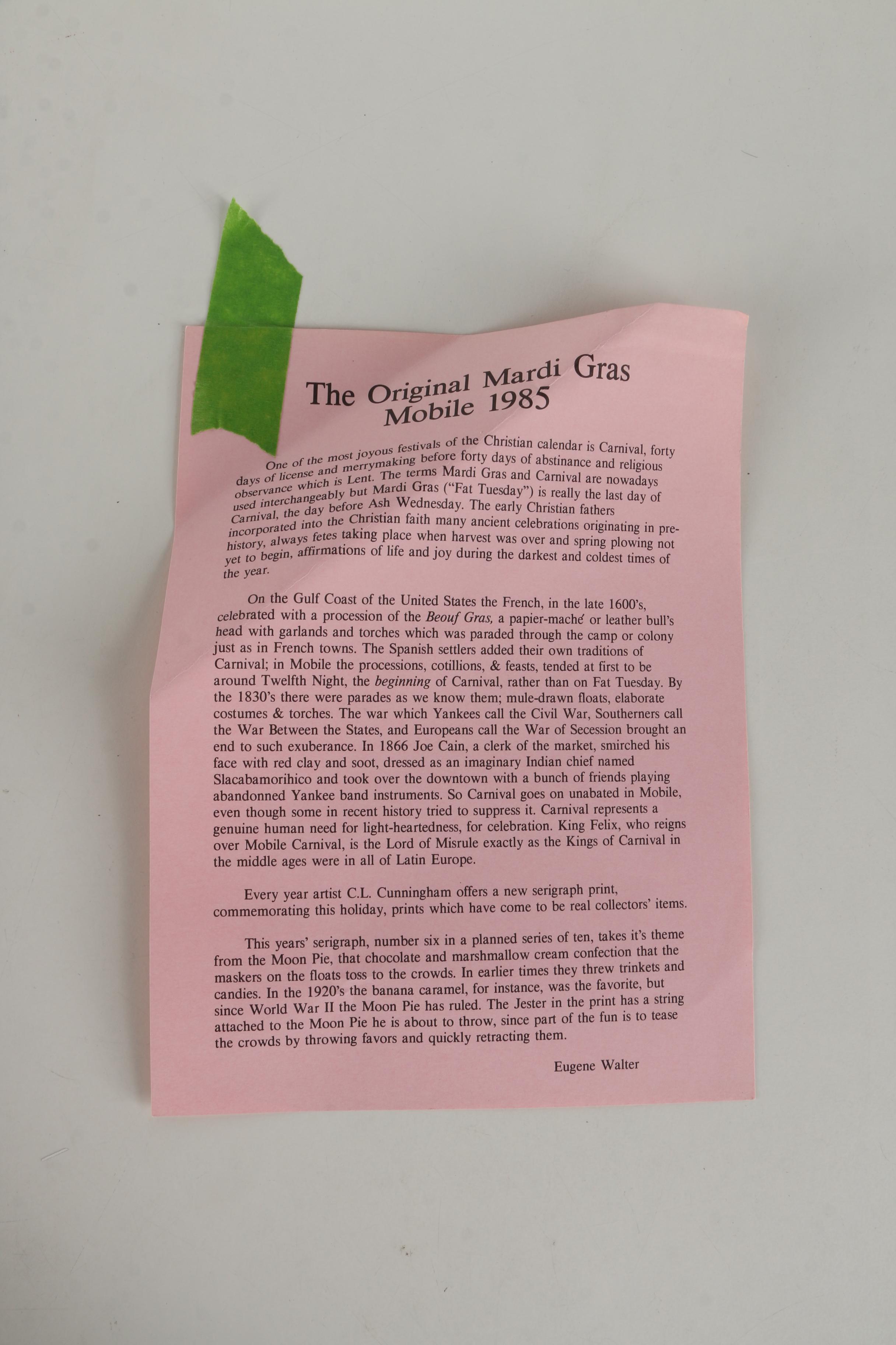 C.L. Cunningham Serigraph on Paper "The Original Mardi Gras, Mobile 1985"