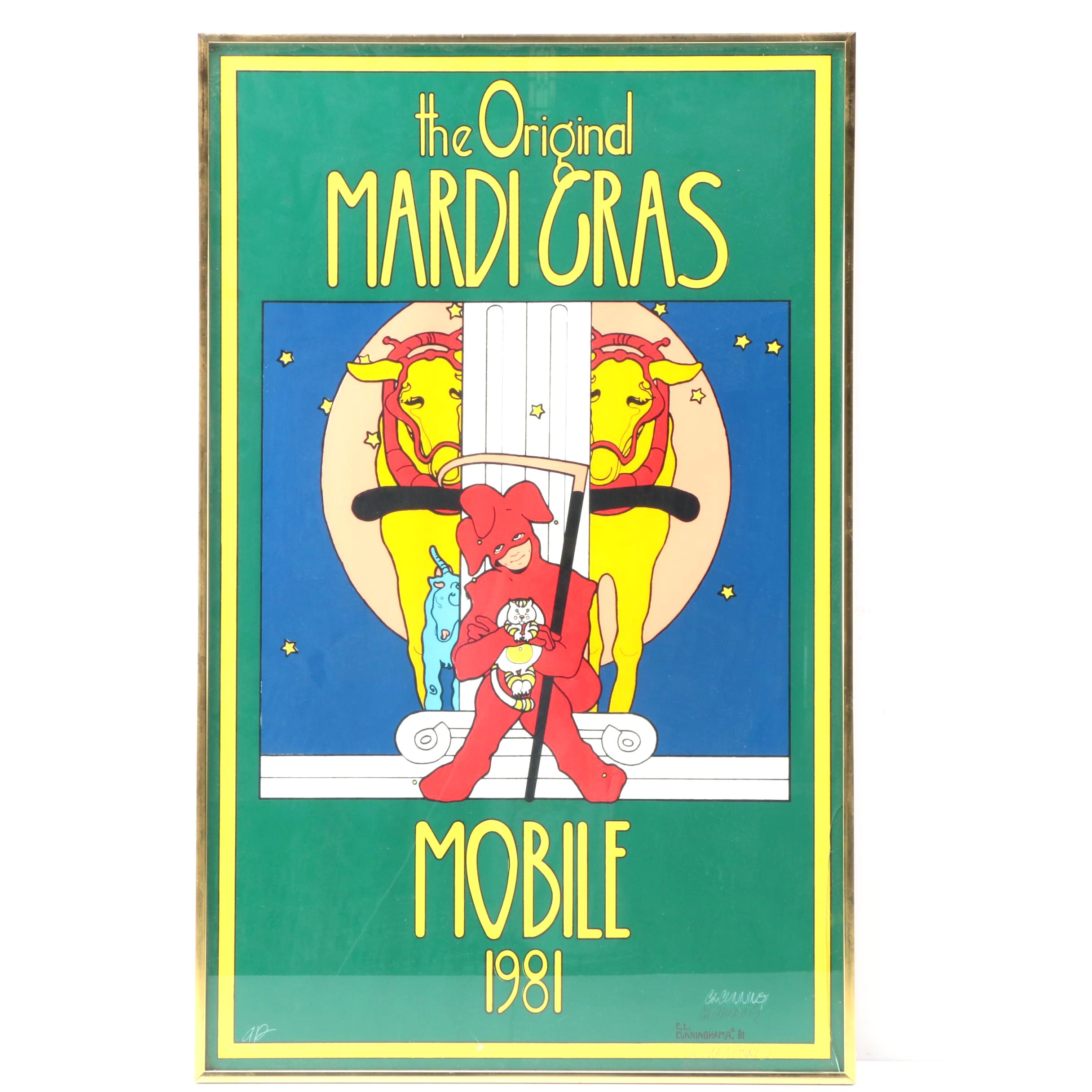 C.L. Cunningham Signed Serigraph on Paper "The Original Mardi Gras Mobile 1981"