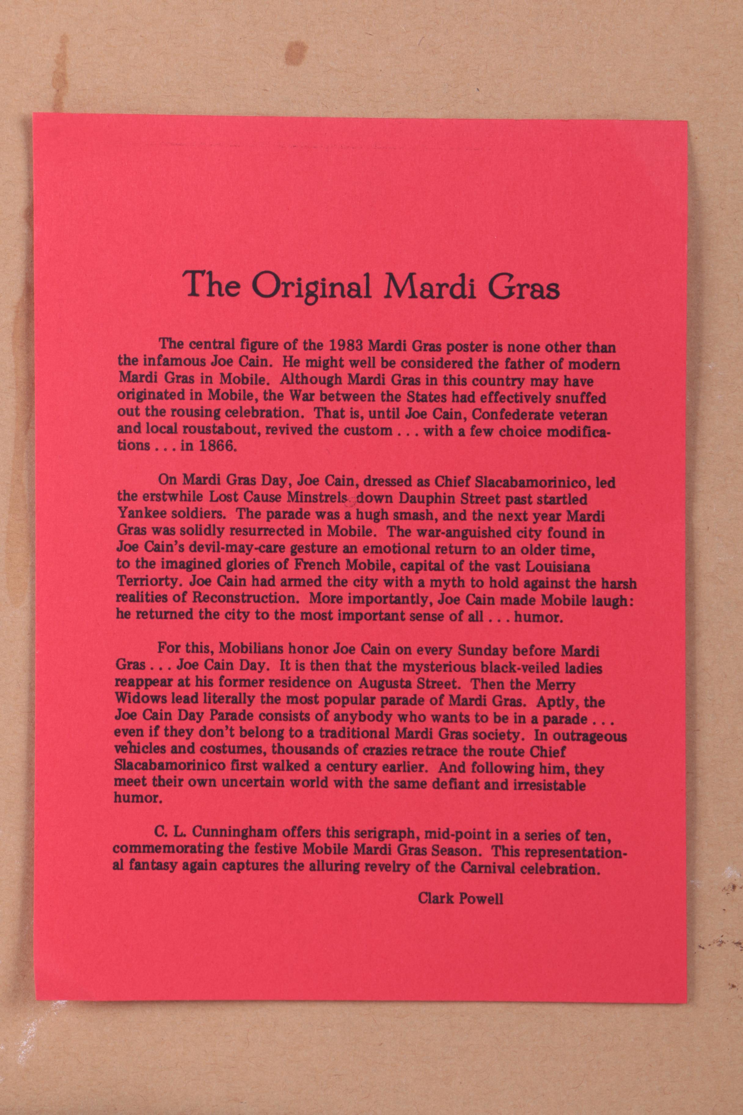 C.L. Cunningham Serigraph on Paper "The Original Mardi Gras, Mobile 1983"