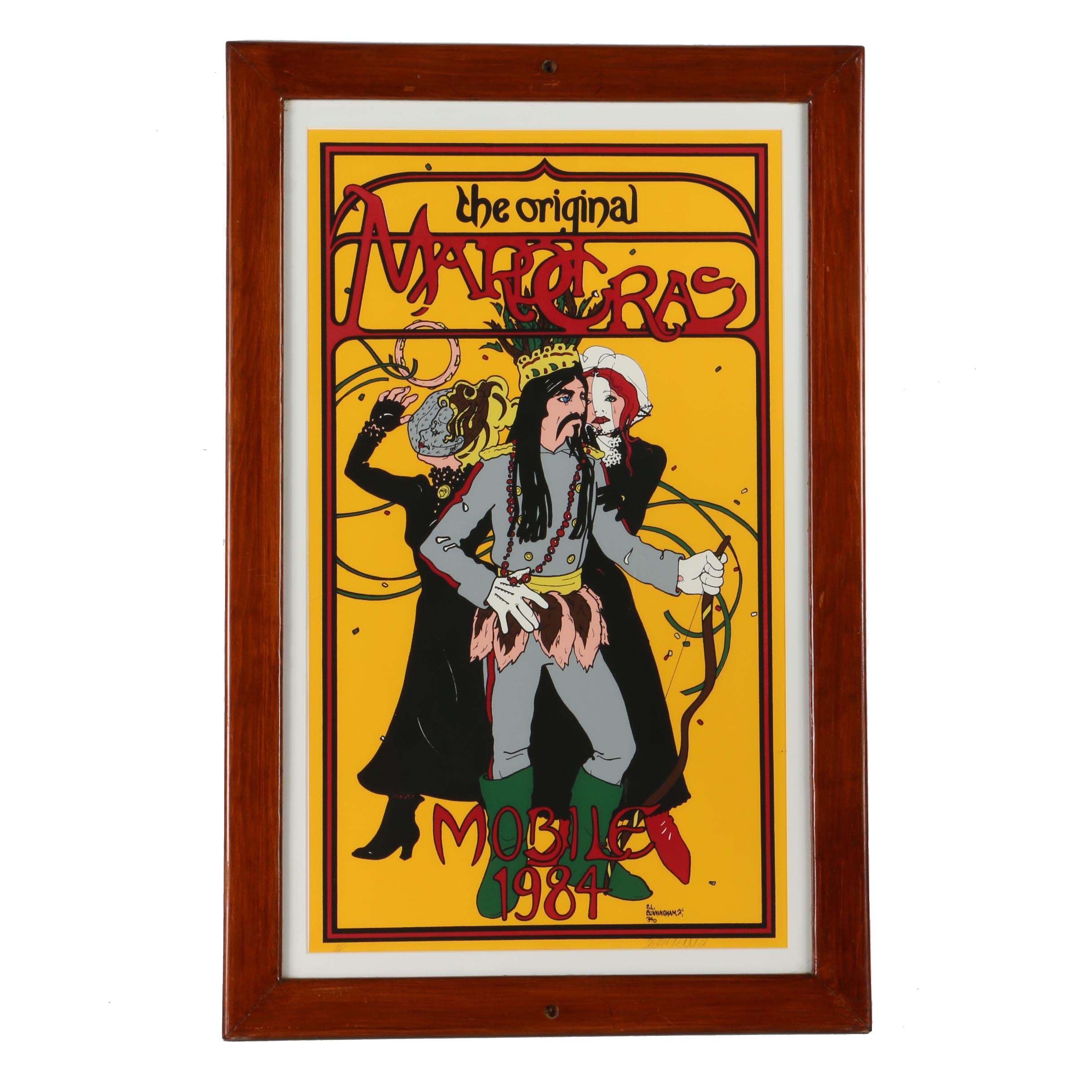 C.L. Cunningham Signed Serigraph on Paper "The Original Mardi Gras Mobile 1984"