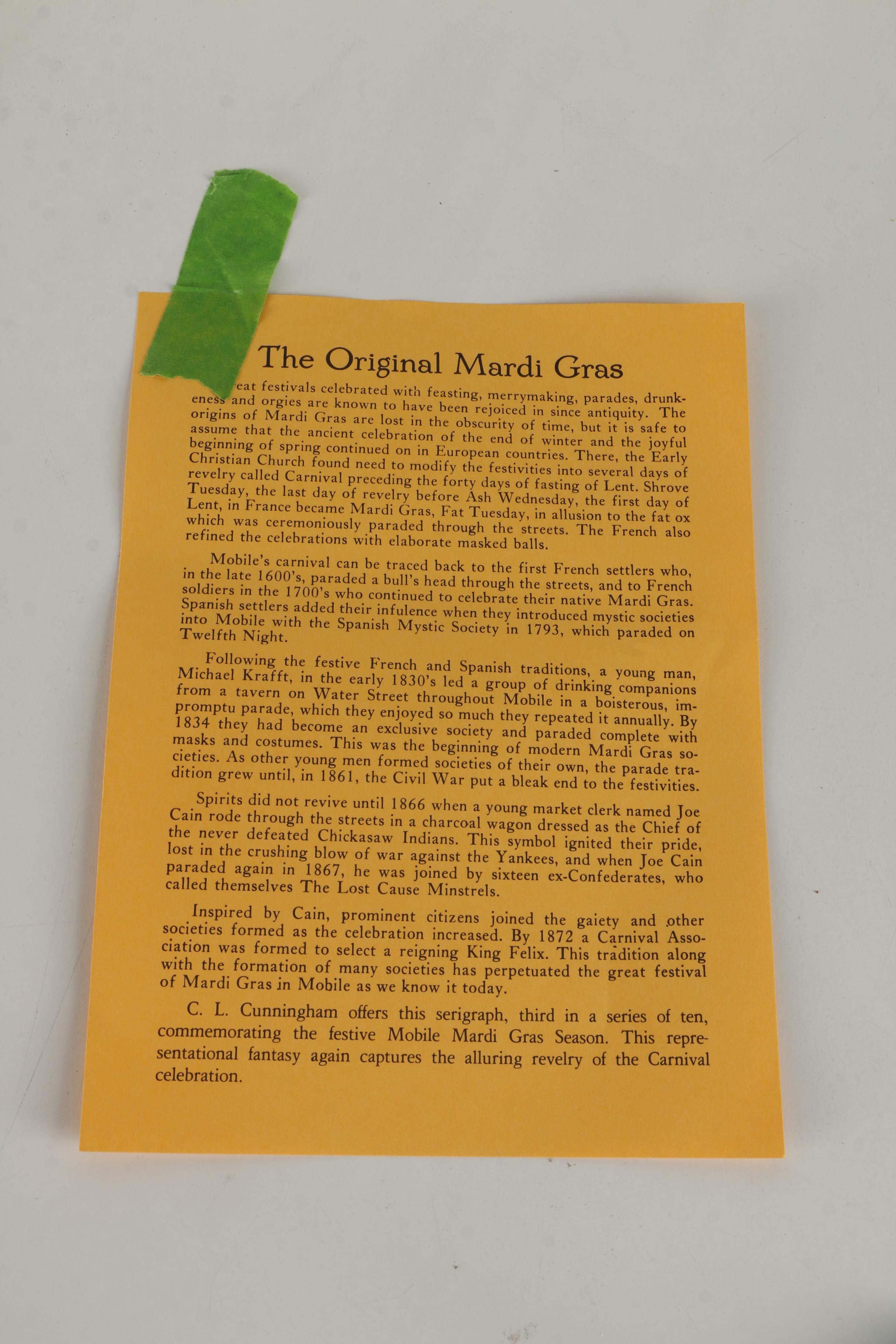 C.L. Cunningham Artist Proof Serigraph on Paper for "The Original Mardi Gras, Mobile 1982"