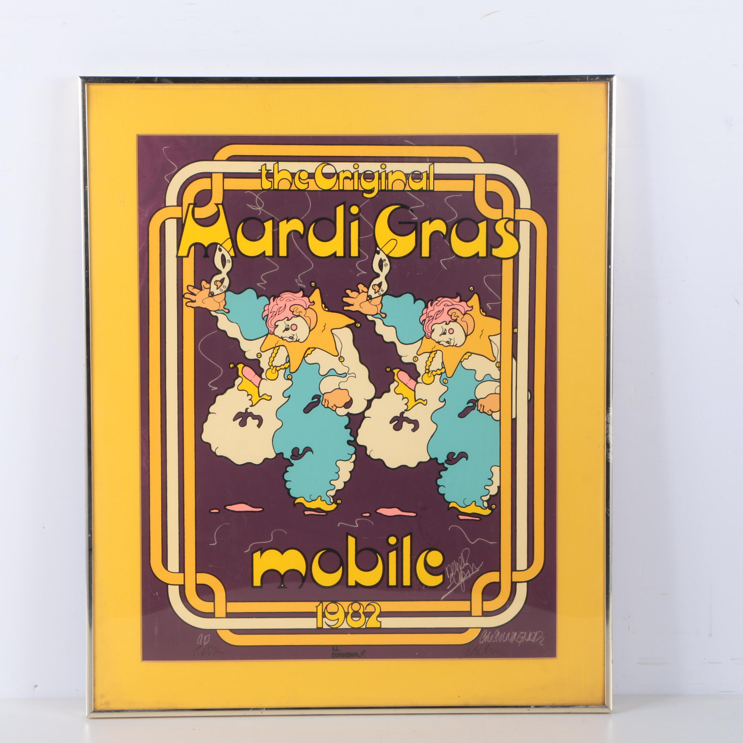 C.L. Cunningham Signed Serigraph on Paper "The Original Mardi Gras Mobile 1982"