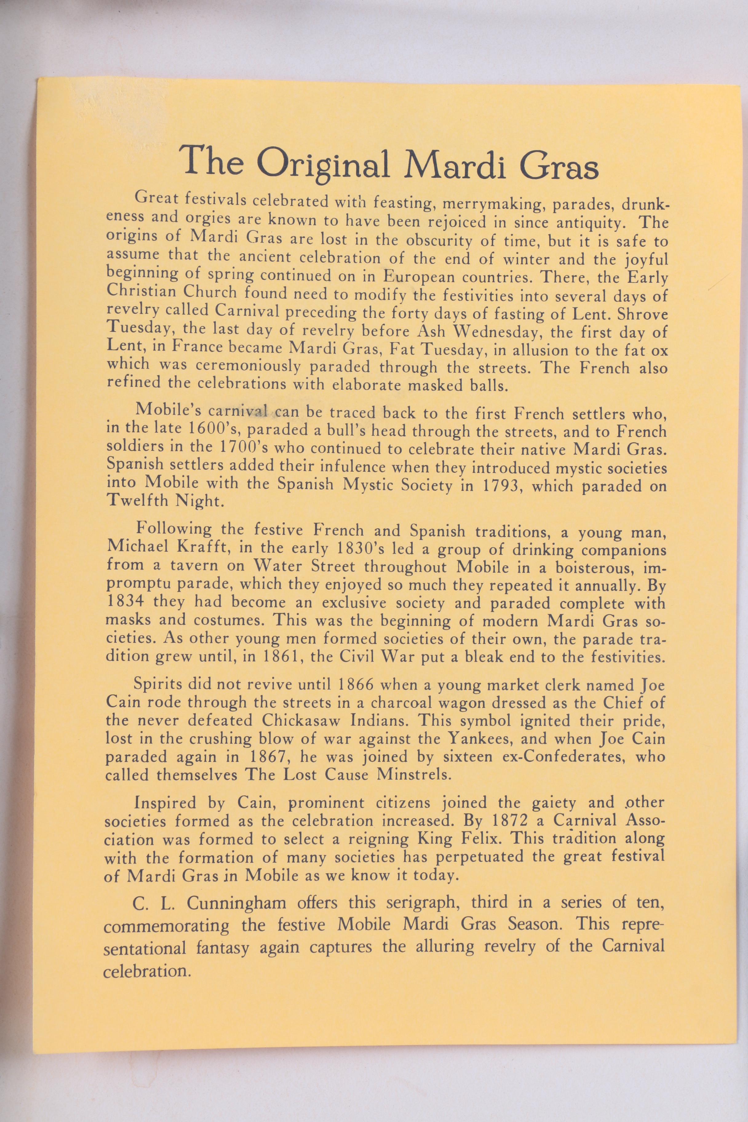C.L. Cunningham Signed Serigraph on Paper "The Original Mardi Gras Mobile 1982"