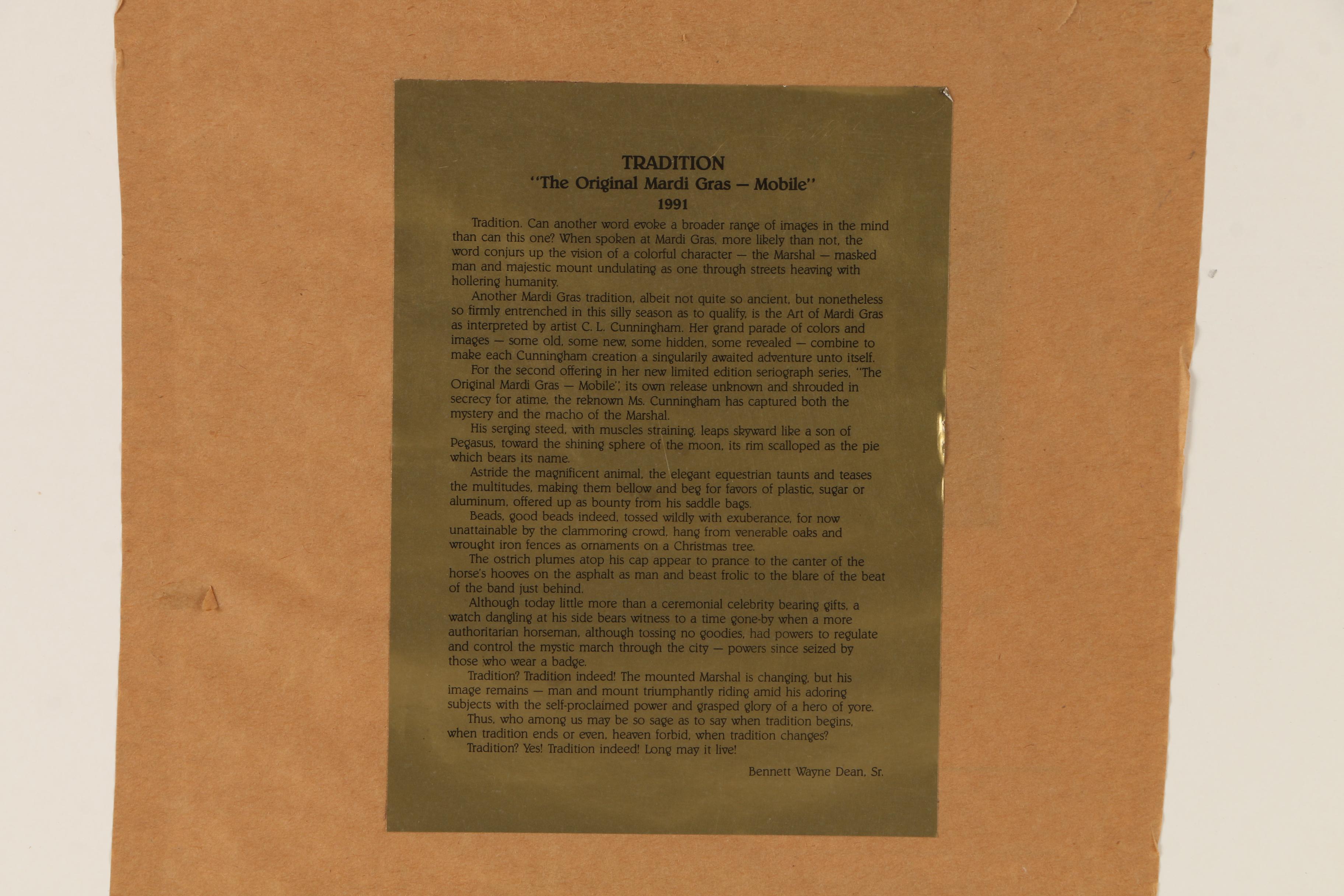 C.L. Cunningham 1991 Limited Edition Serigraph "The Original Mardi Gras, Mobile, Tradition"