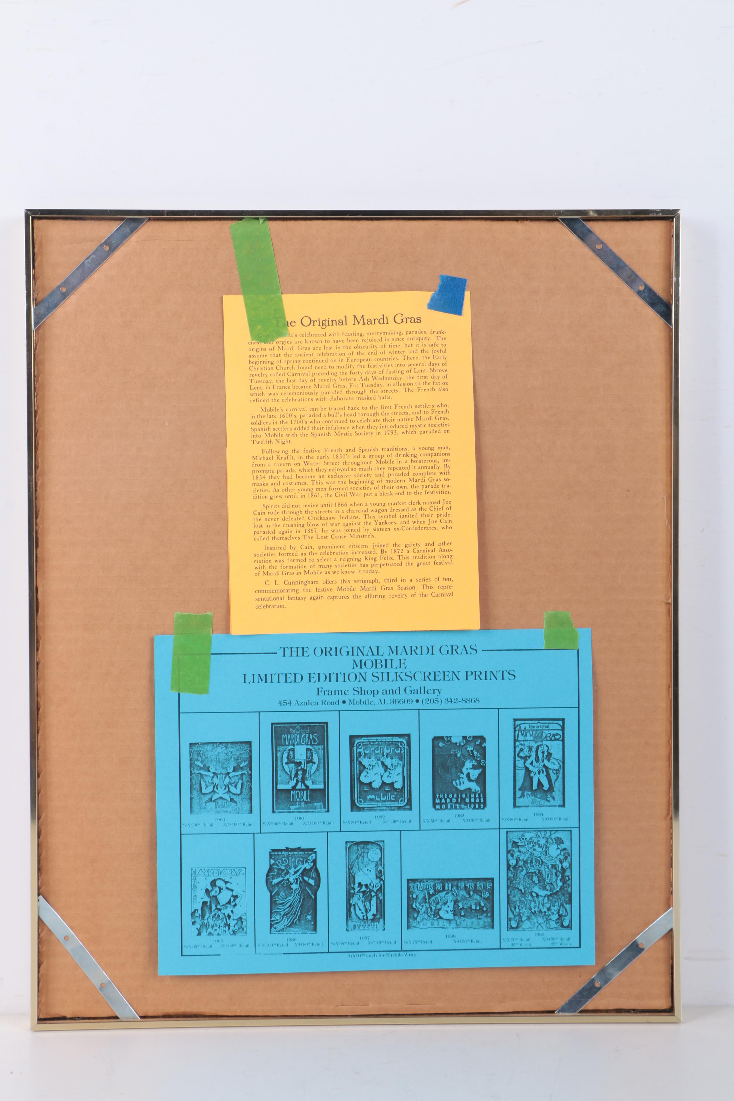 Limited Edition C.L. Cunningham Serigraph on Paper "The Original Mardi Gras Mobile 1982"