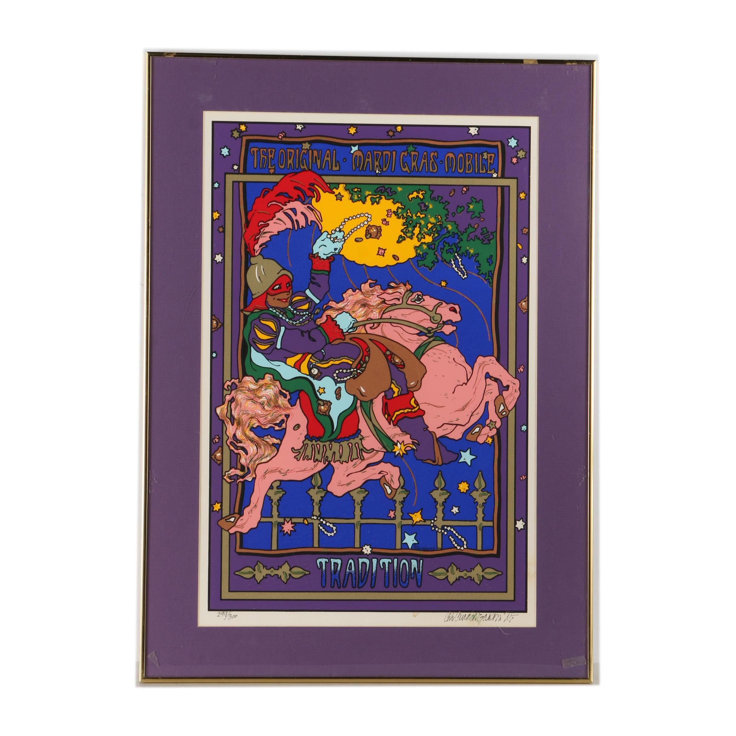 C.L. Cunningham 1991 Limited Edition Serigraph "The Original Mardi Gras, Mobile, Tradition"
