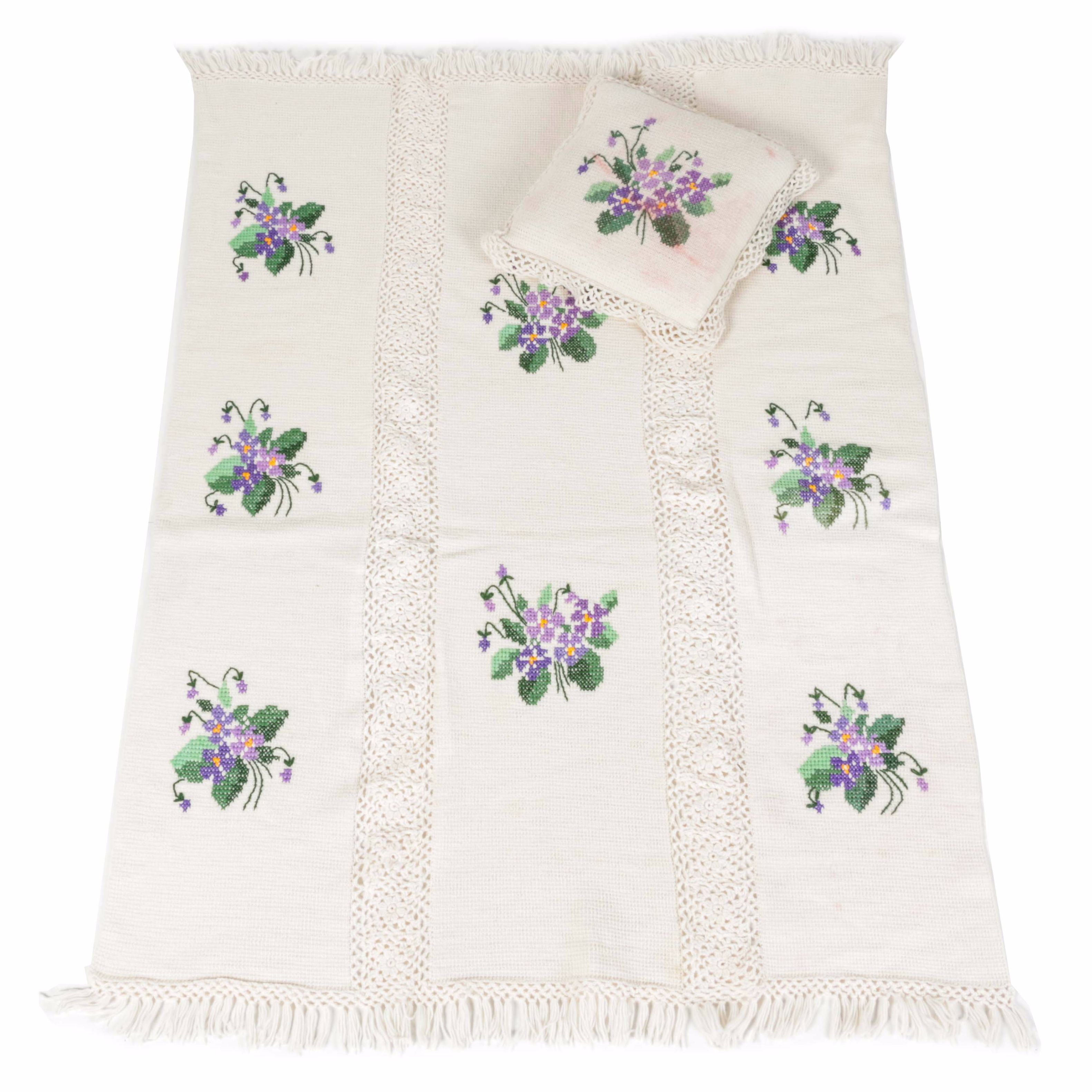 Purple Floral Crochet Blanket and Pillow