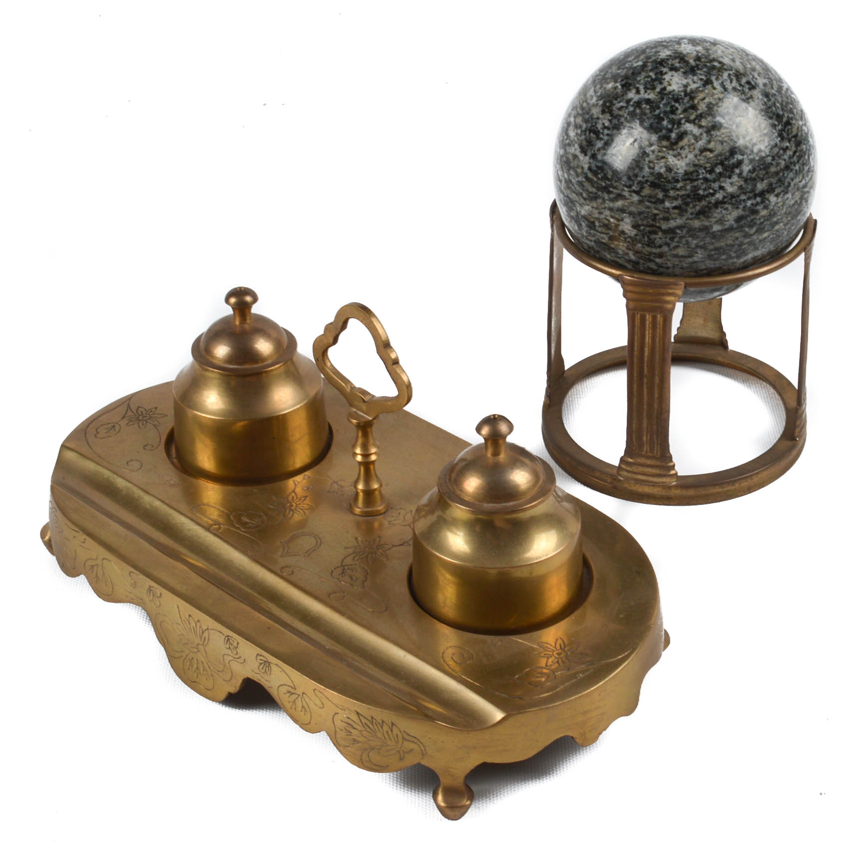 Solid Brass Double Inkwell and Granite Sphere