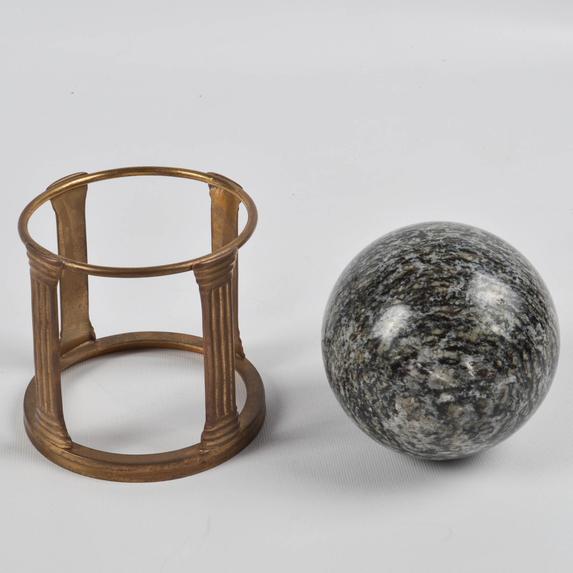 Solid Brass Double Inkwell and Granite Sphere