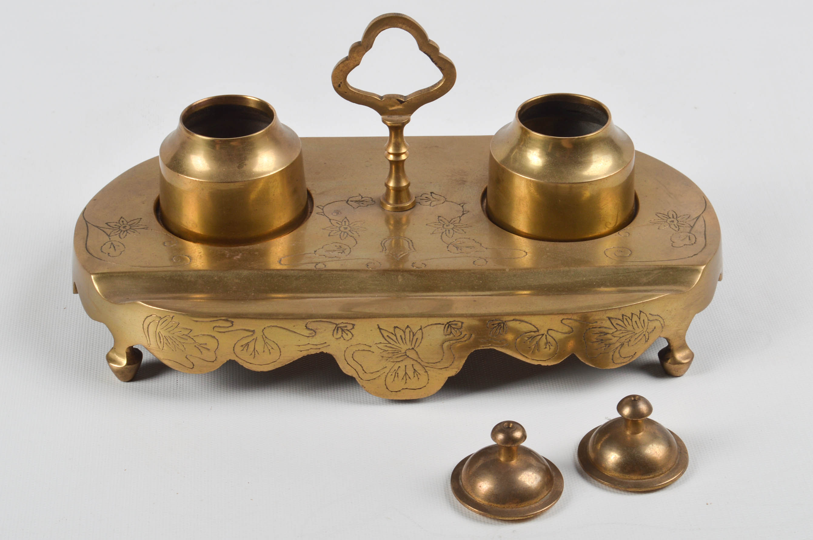 Solid Brass Double Inkwell and Granite Sphere