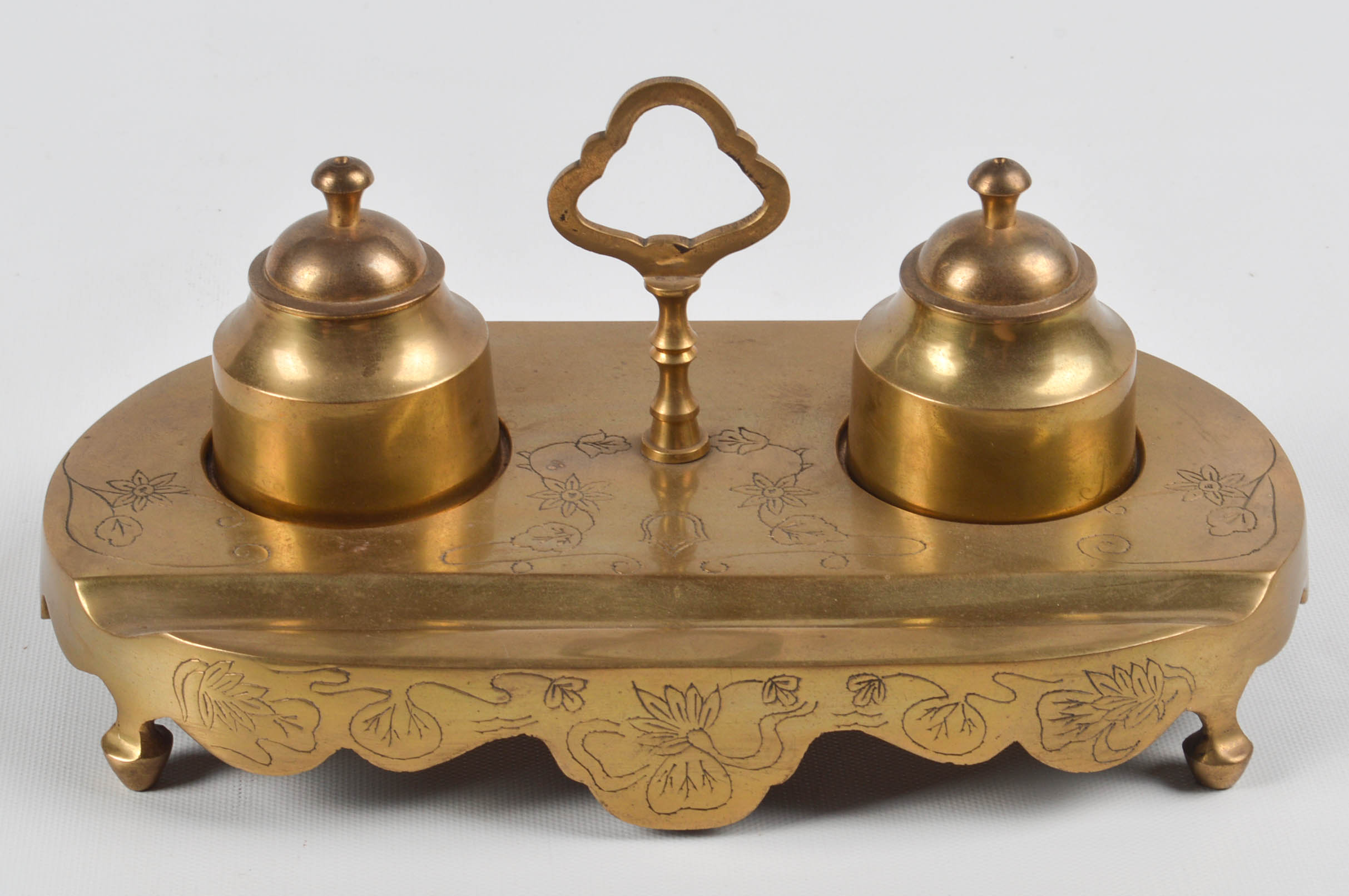 Solid Brass Double Inkwell and Granite Sphere