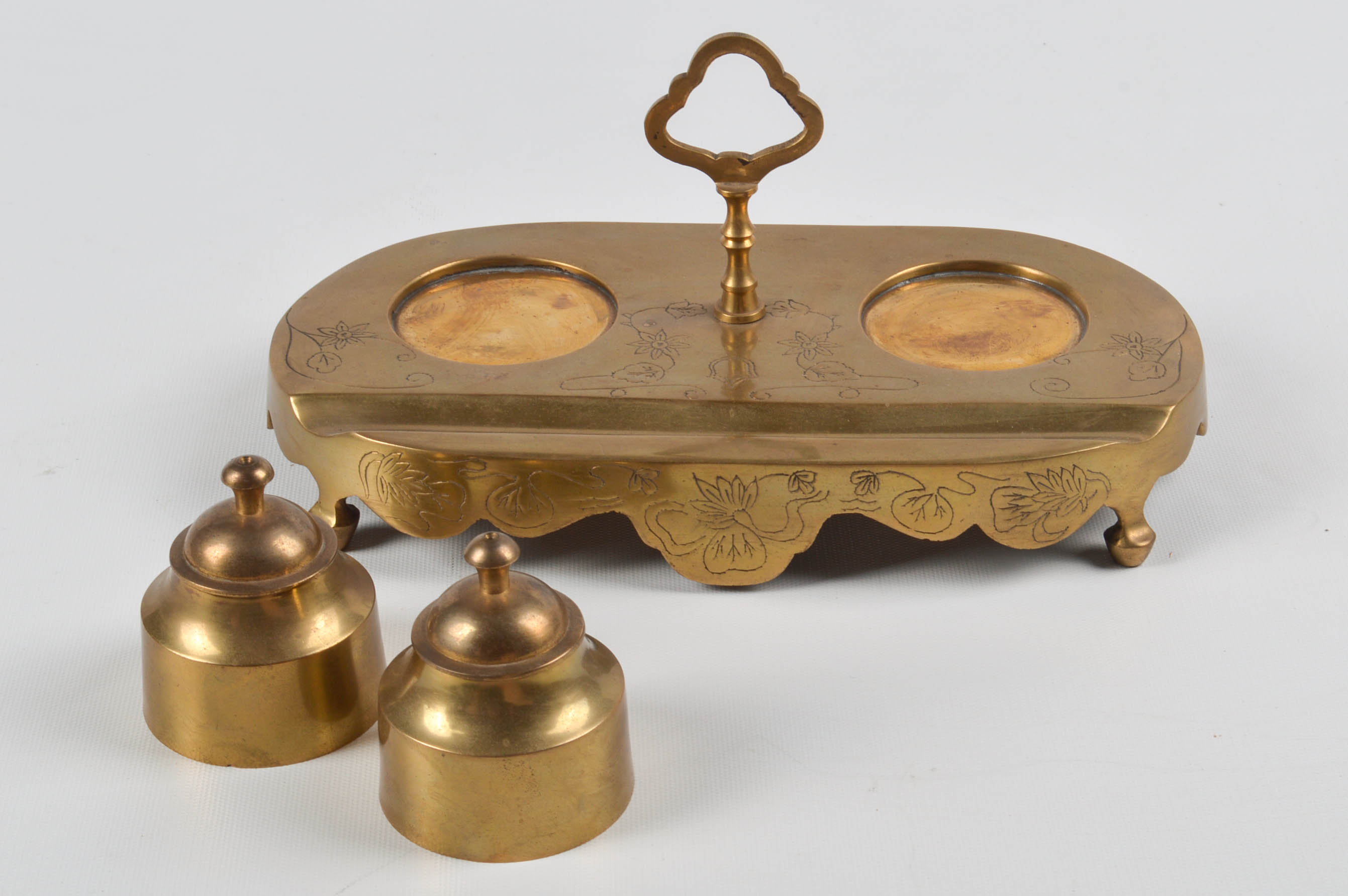 Solid Brass Double Inkwell and Granite Sphere