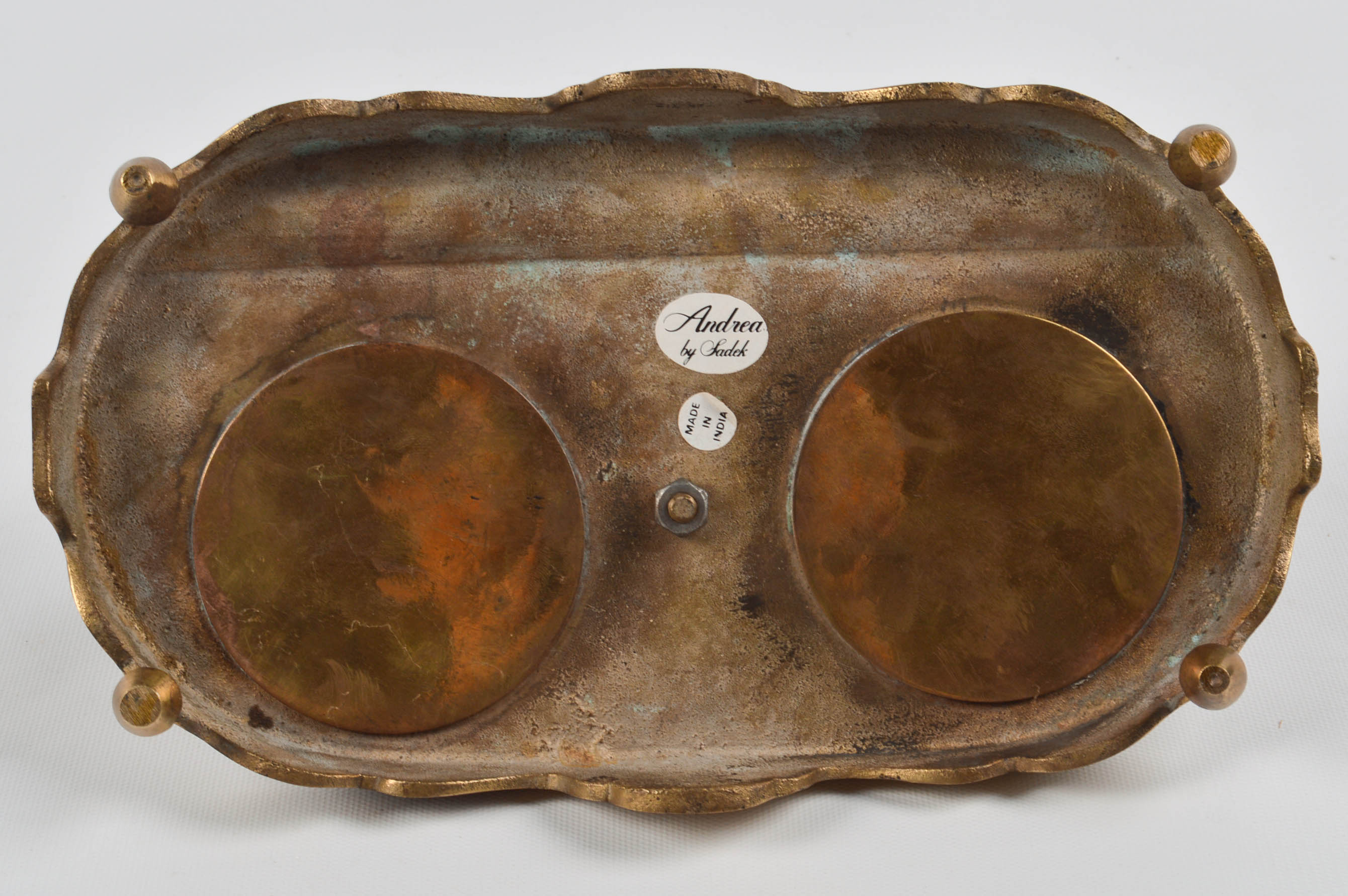 Solid Brass Double Inkwell and Granite Sphere