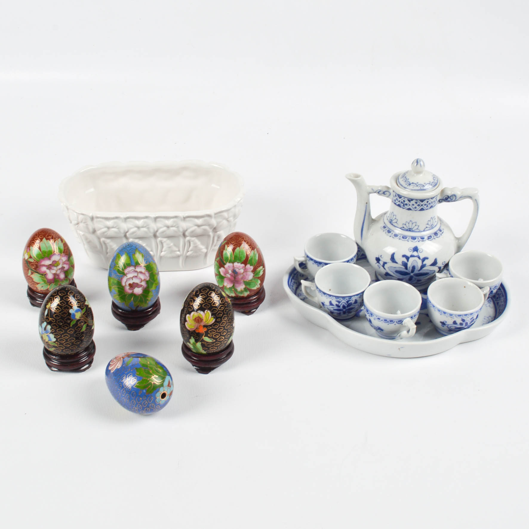 Chinese Cloisonné Eggs With Blue and White Miniature Tea Set