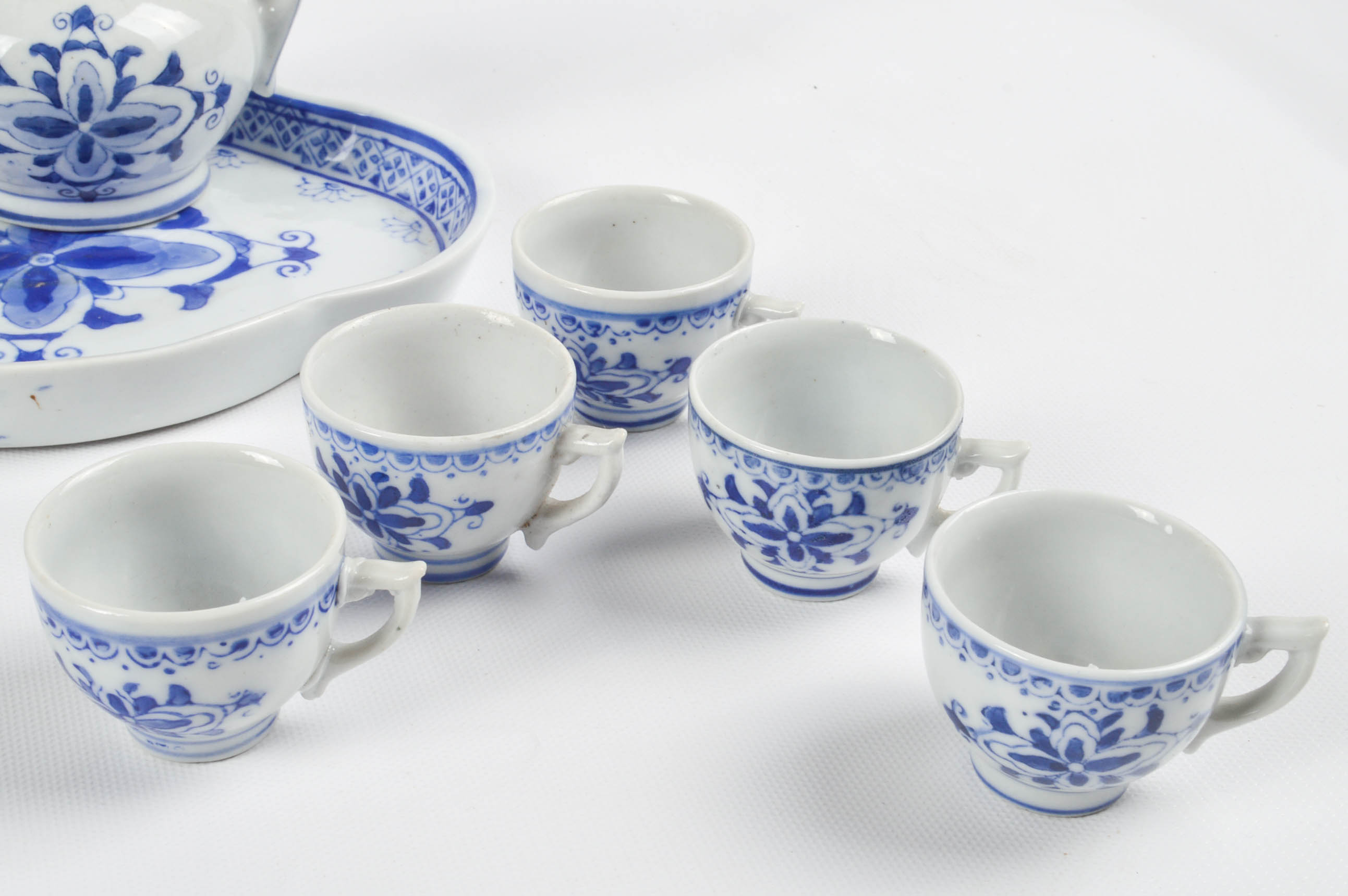 Chinese Cloisonné Eggs With Blue and White Miniature Tea Set