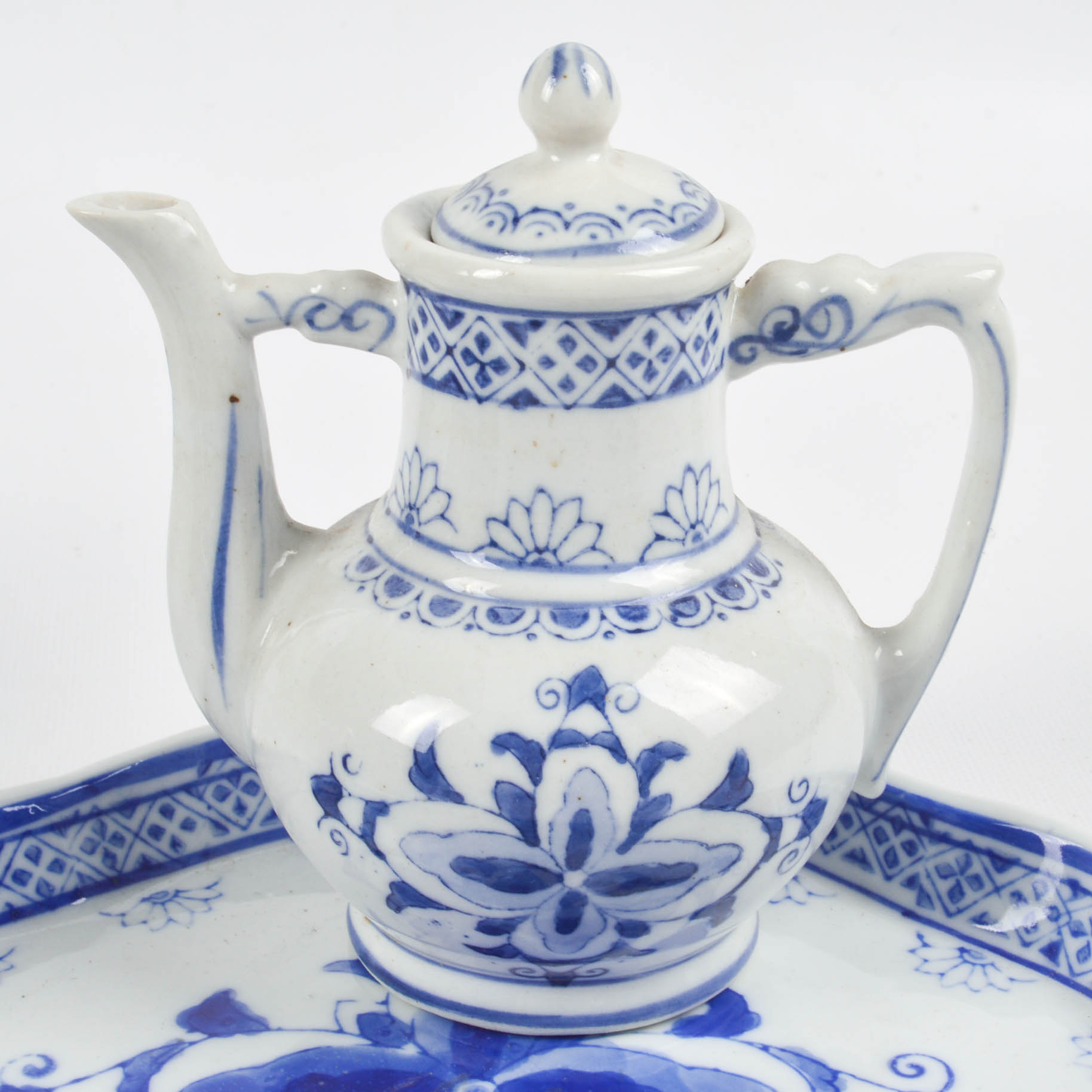 Chinese Cloisonné Eggs With Blue and White Miniature Tea Set