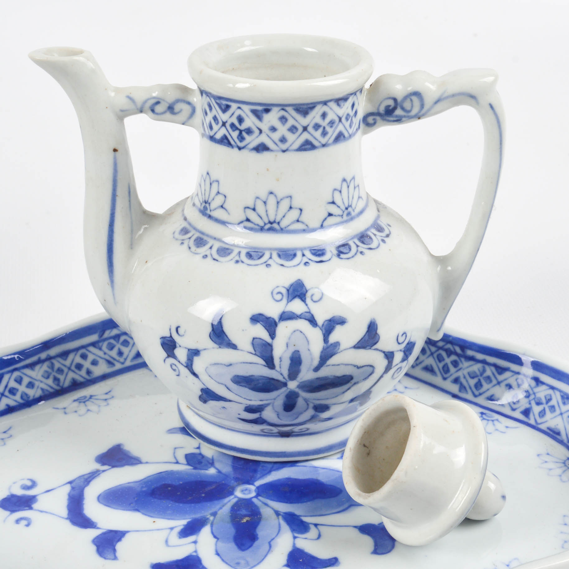 Chinese Cloisonné Eggs With Blue and White Miniature Tea Set
