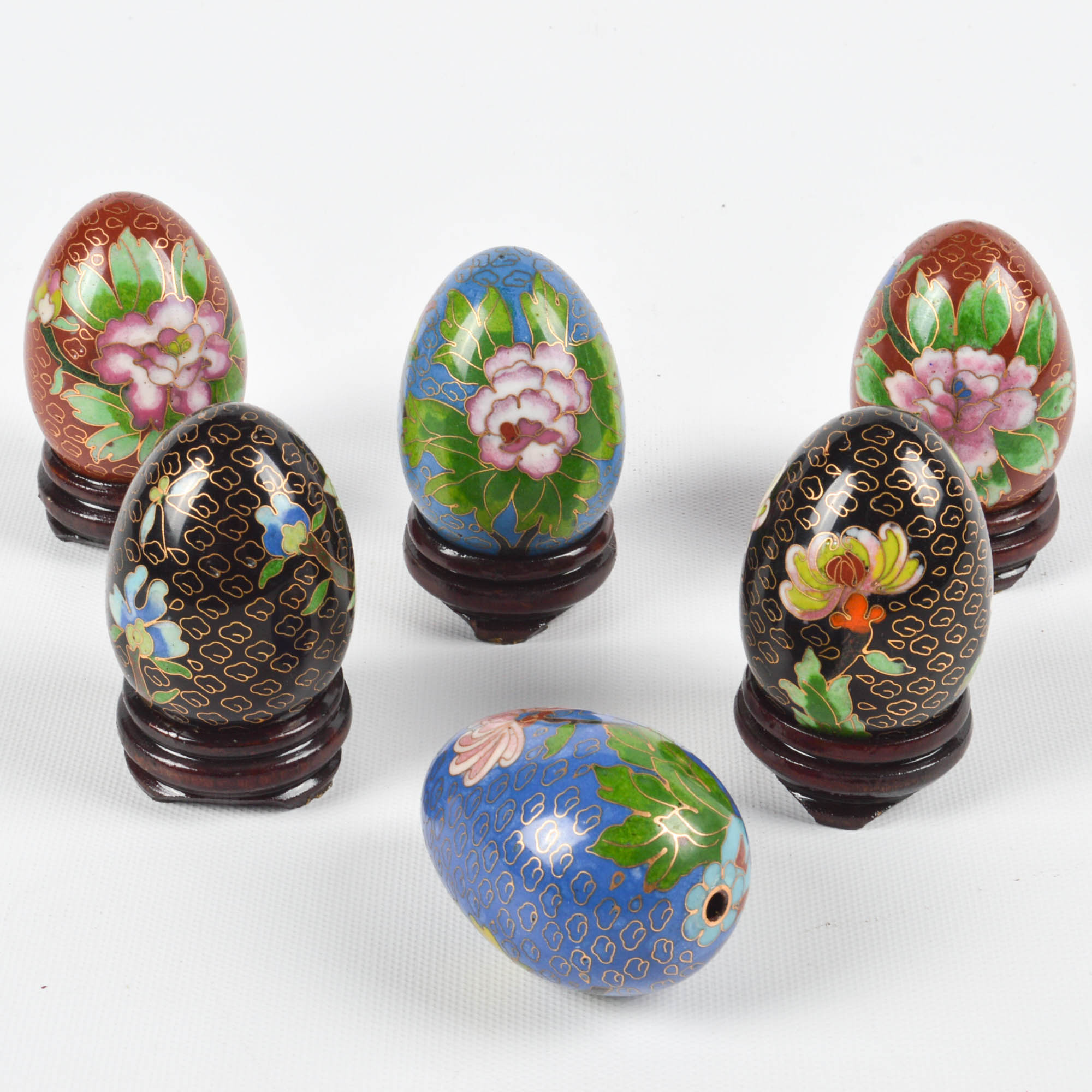 Chinese Cloisonné Eggs With Blue and White Miniature Tea Set